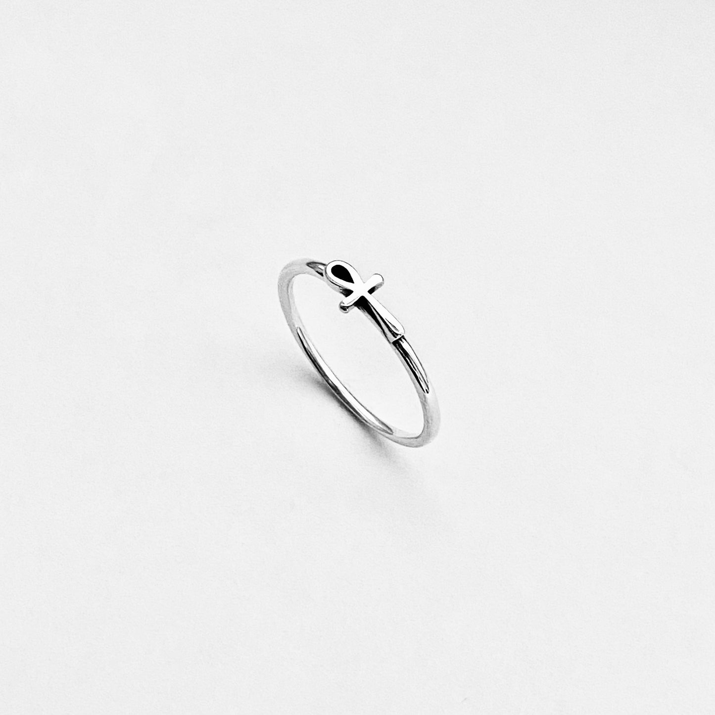 Sterling Silver Dainty Little Sideways Ankh Ring – Key of Life Minimalist Cross Silver Ring