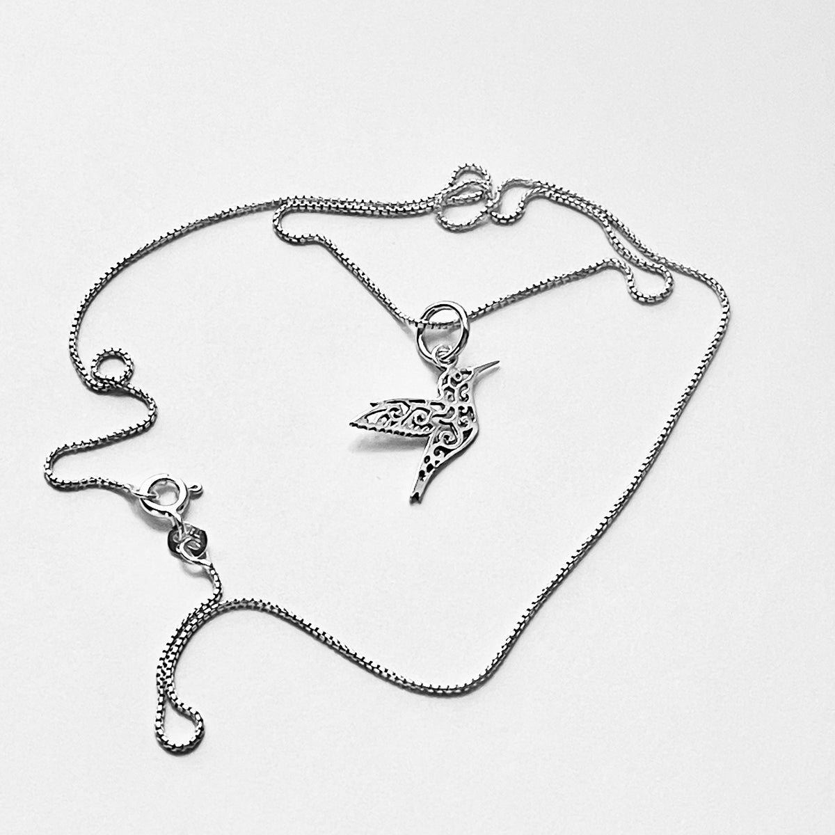 925 Sterling Silver Little Thin Filigree Hummingbird Necklace | Delicate Spirit Bird Pendant Chain