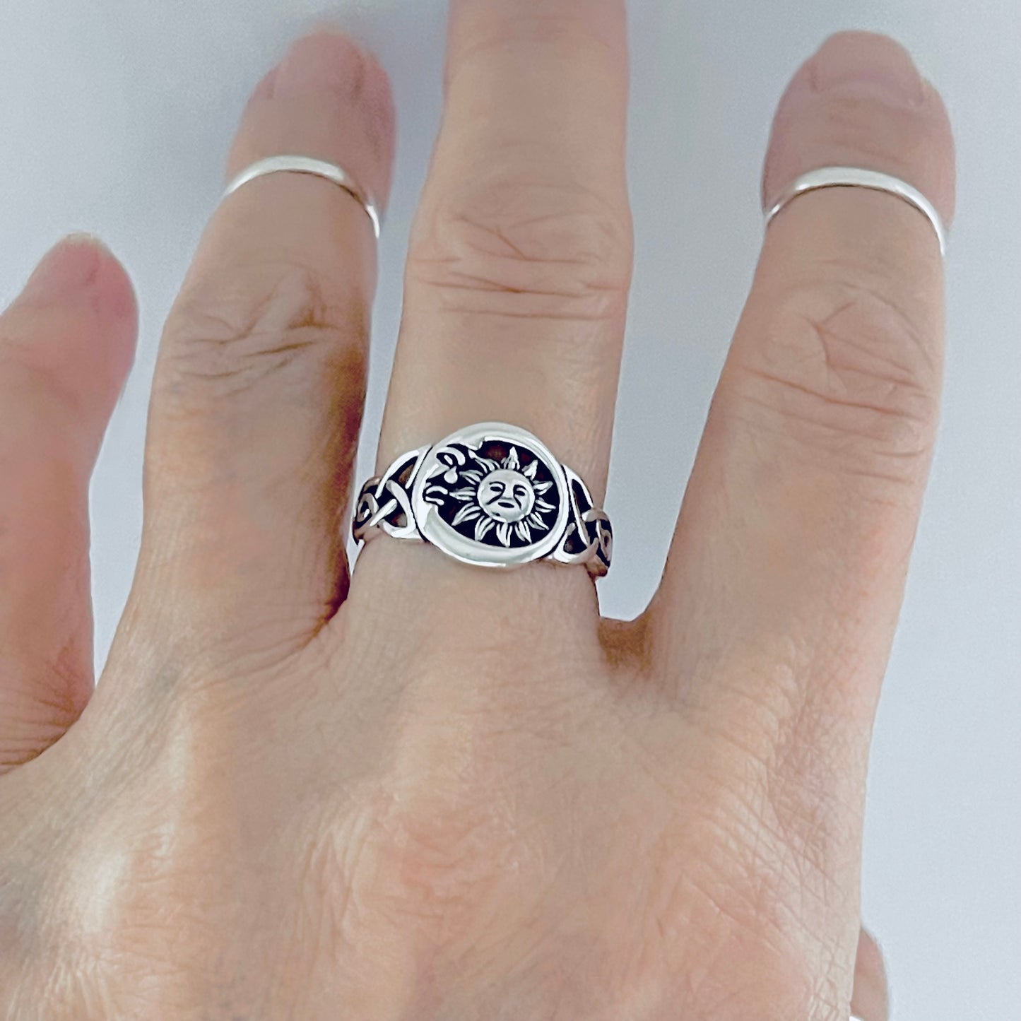 Sterling Silver Sun and Moon Face Ring – Celtic Triquetra Celestial Silver Rings