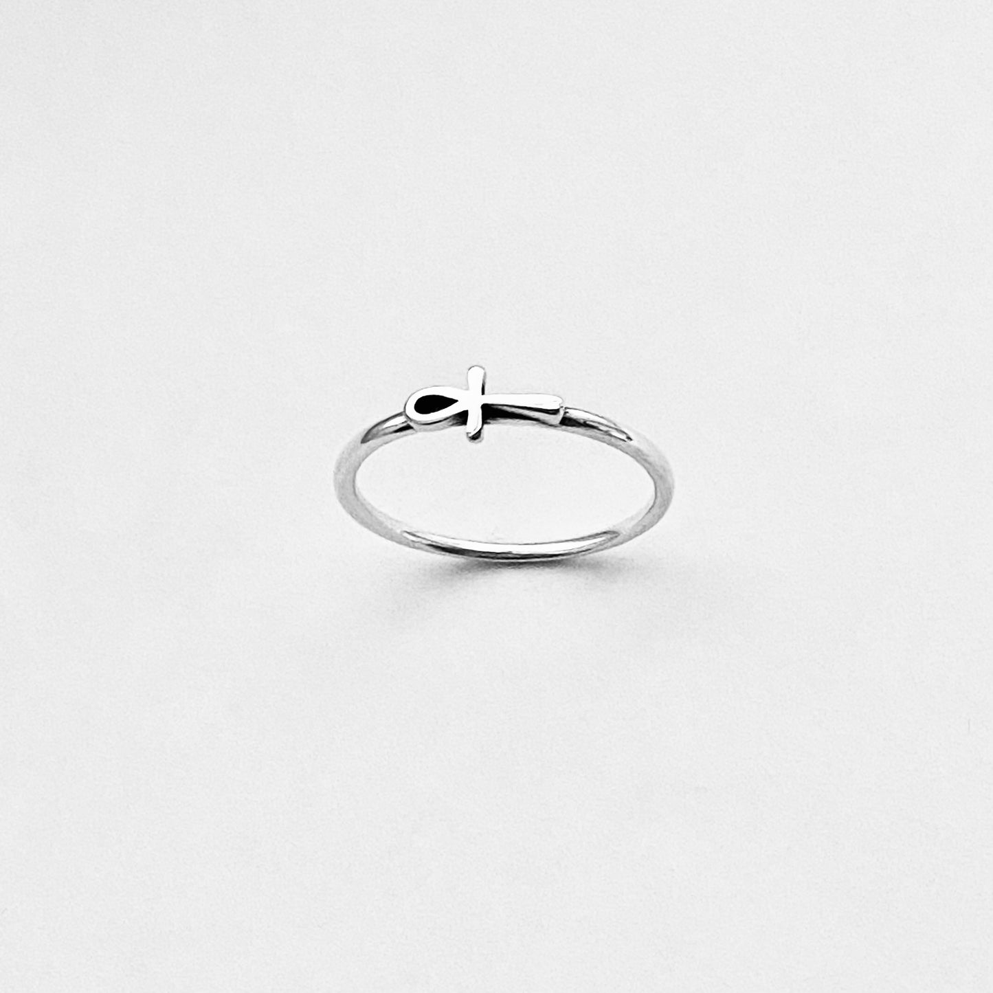Sterling Silver Dainty Little Sideways Ankh Ring – Key of Life Minimalist Cross Silver Ring