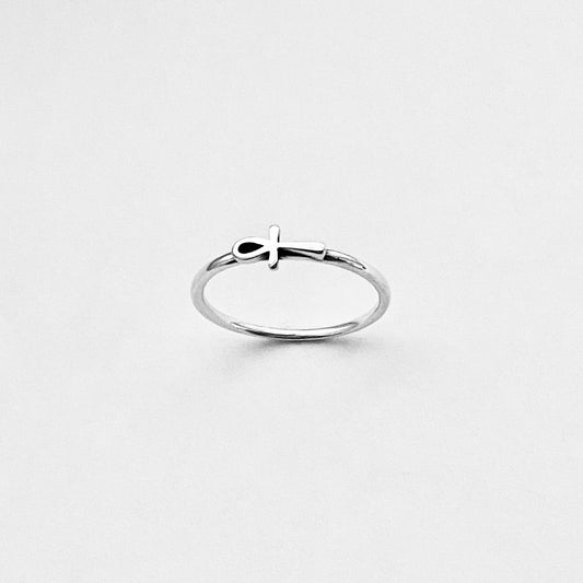 Sterling Silver Dainty Little Sideways Ankh Ring – Key of Life Minimalist Cross Silver Ring