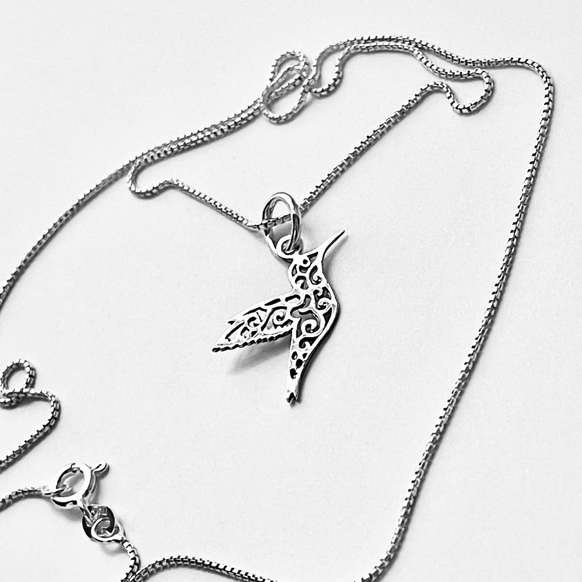 925 Sterling Silver Little Thin Filigree Hummingbird Necklace | Delicate Spirit Bird Pendant Chain