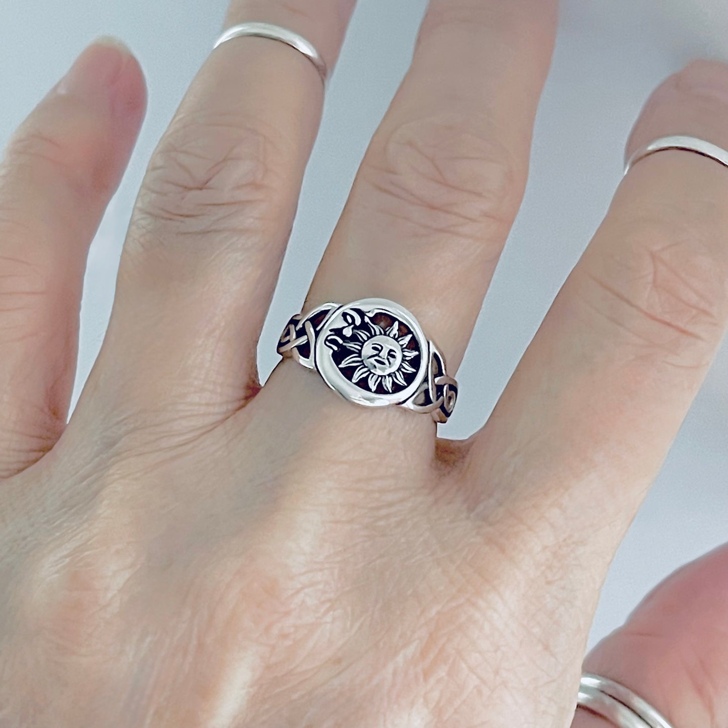 Sterling Silver Sun and Moon Face Ring – Celtic Triquetra Celestial Silver Rings