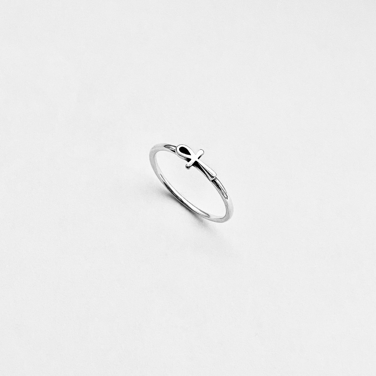 Sterling Silver Dainty Little Sideways Ankh Ring – Key of Life Minimalist Cross Silver Ring