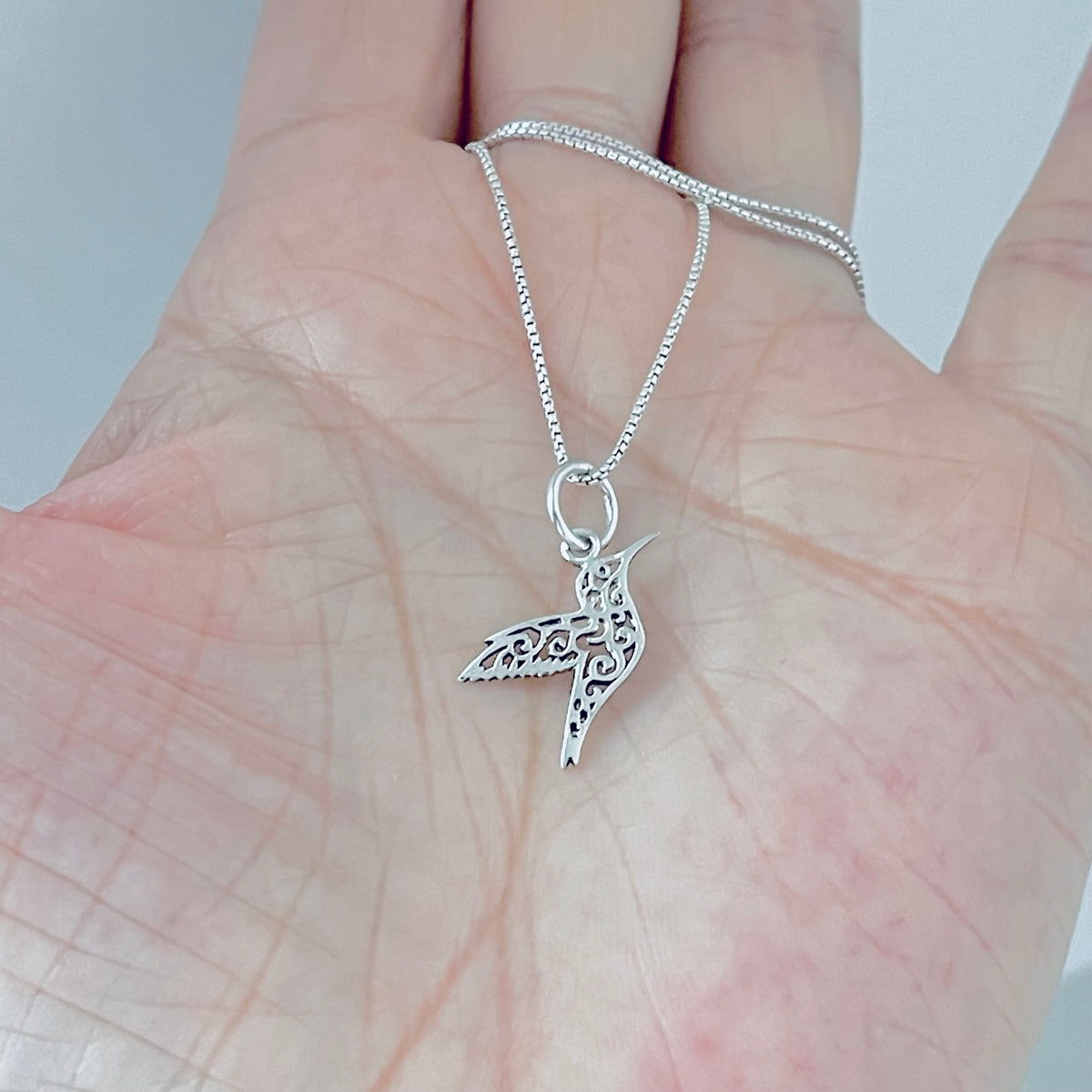 925 Sterling Silver Little Thin Filigree Hummingbird Necklace | Delicate Spirit Bird Pendant Chain