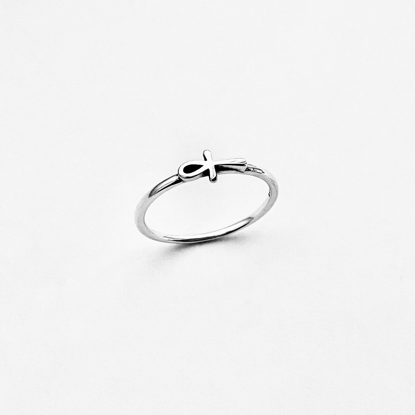 Sterling Silver Dainty Little Sideways Ankh Ring – Key of Life Minimalist Cross Silver Ring