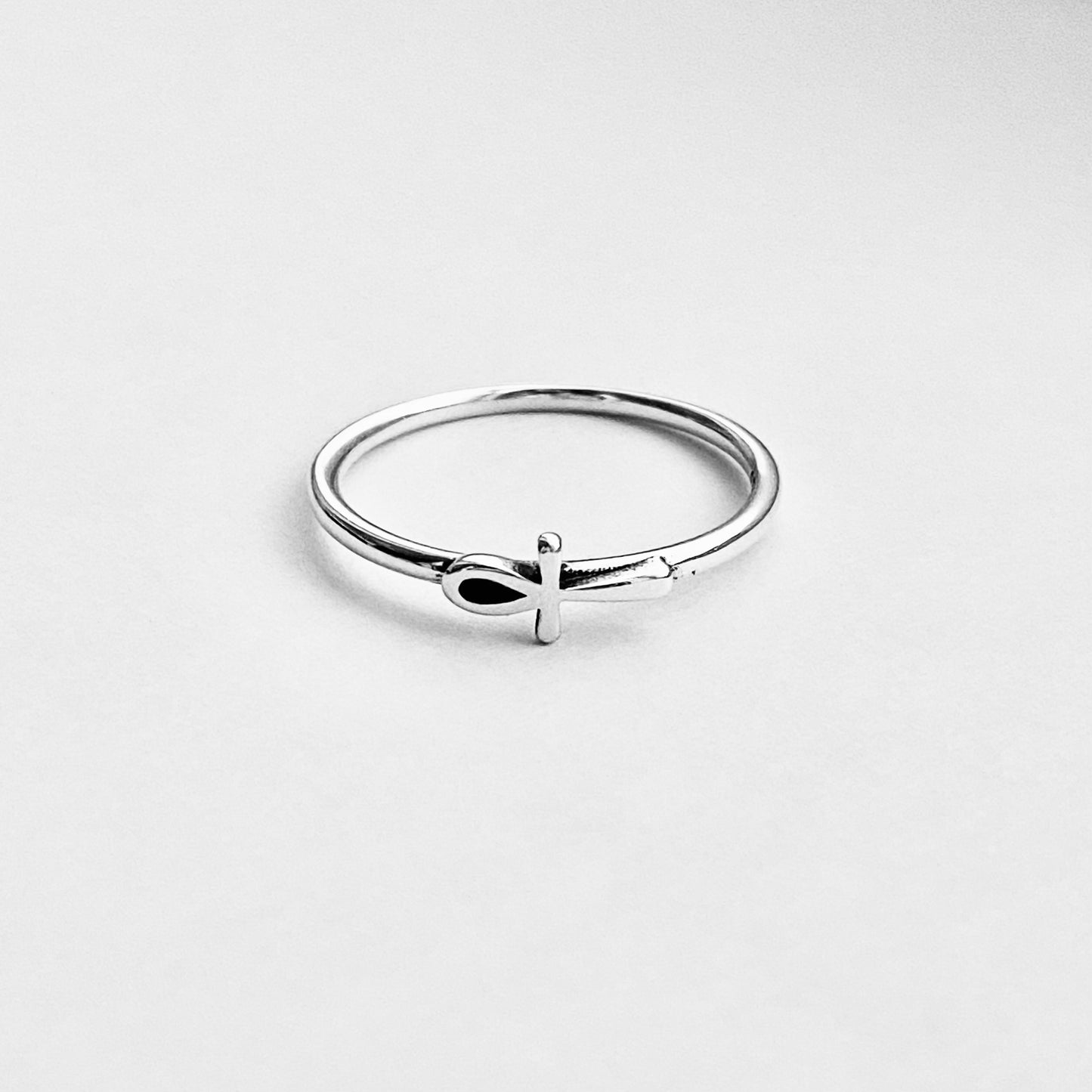 Sterling Silver Dainty Little Sideways Ankh Ring – Key of Life Minimalist Cross Silver Ring