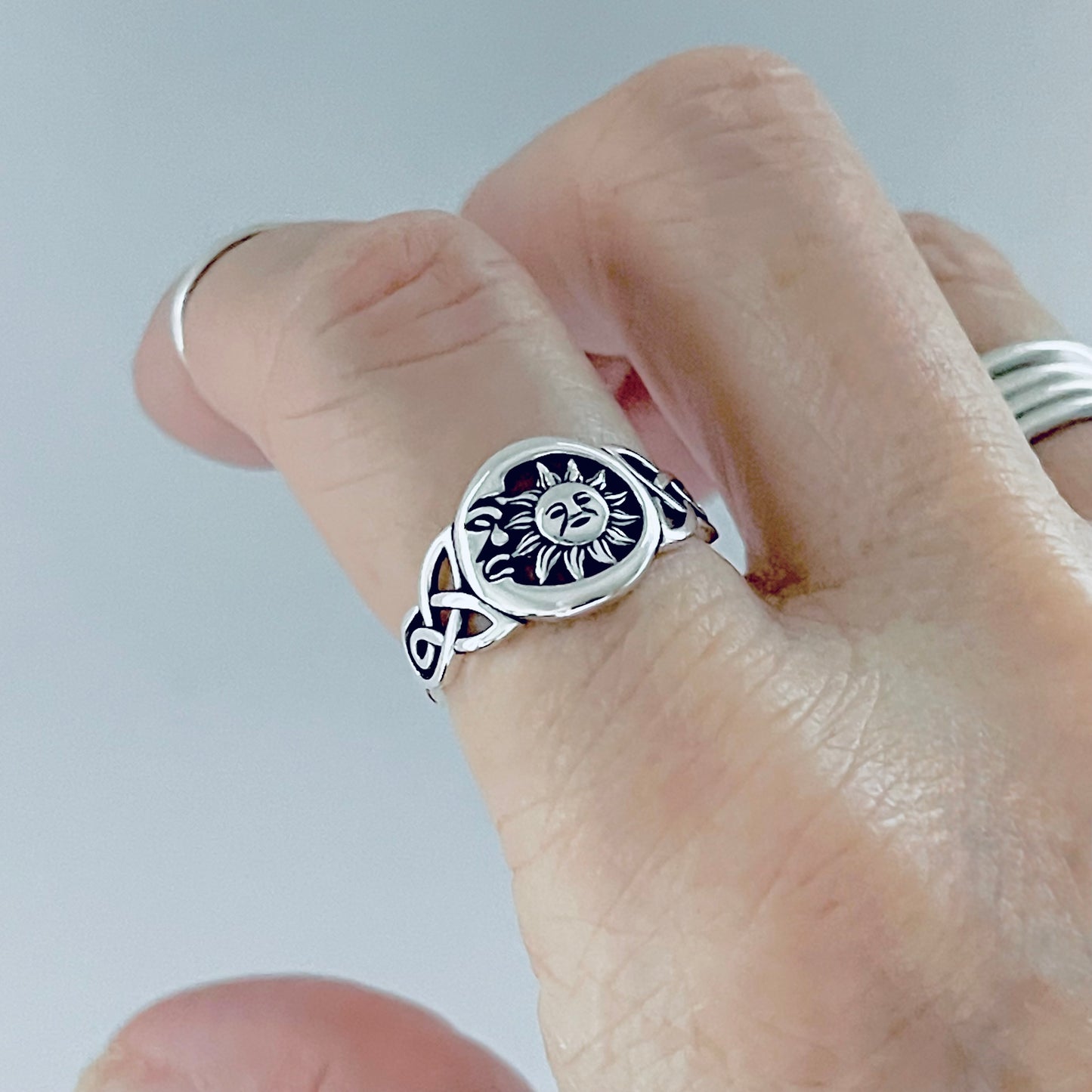 Sterling Silver Sun and Moon Face Ring – Celtic Triquetra Celestial Silver Rings