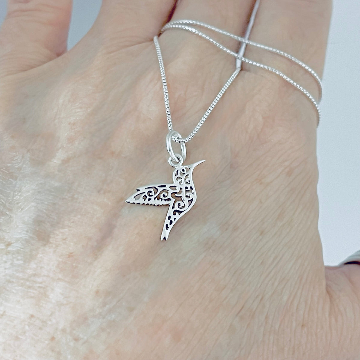 925 Sterling Silver Little Thin Filigree Hummingbird Necklace | Delicate Spirit Bird Pendant Chain