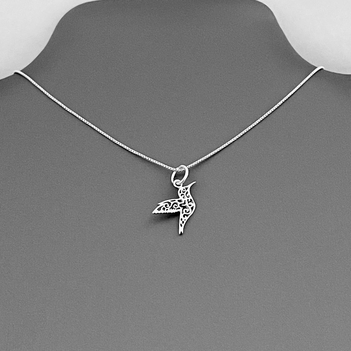 925 Sterling Silver Little Thin Filigree Hummingbird Necklace | Delicate Spirit Bird Pendant Chain