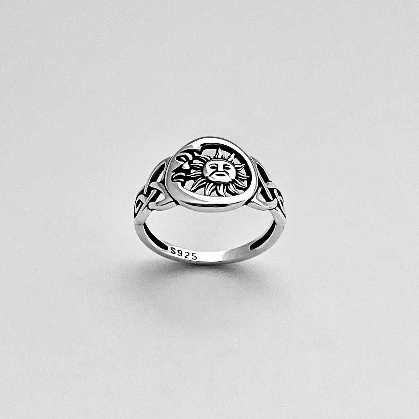 Sterling Silver Face Moon and Sun Ring with Celtic, Celestial Silver Rings, Triquetra Ring