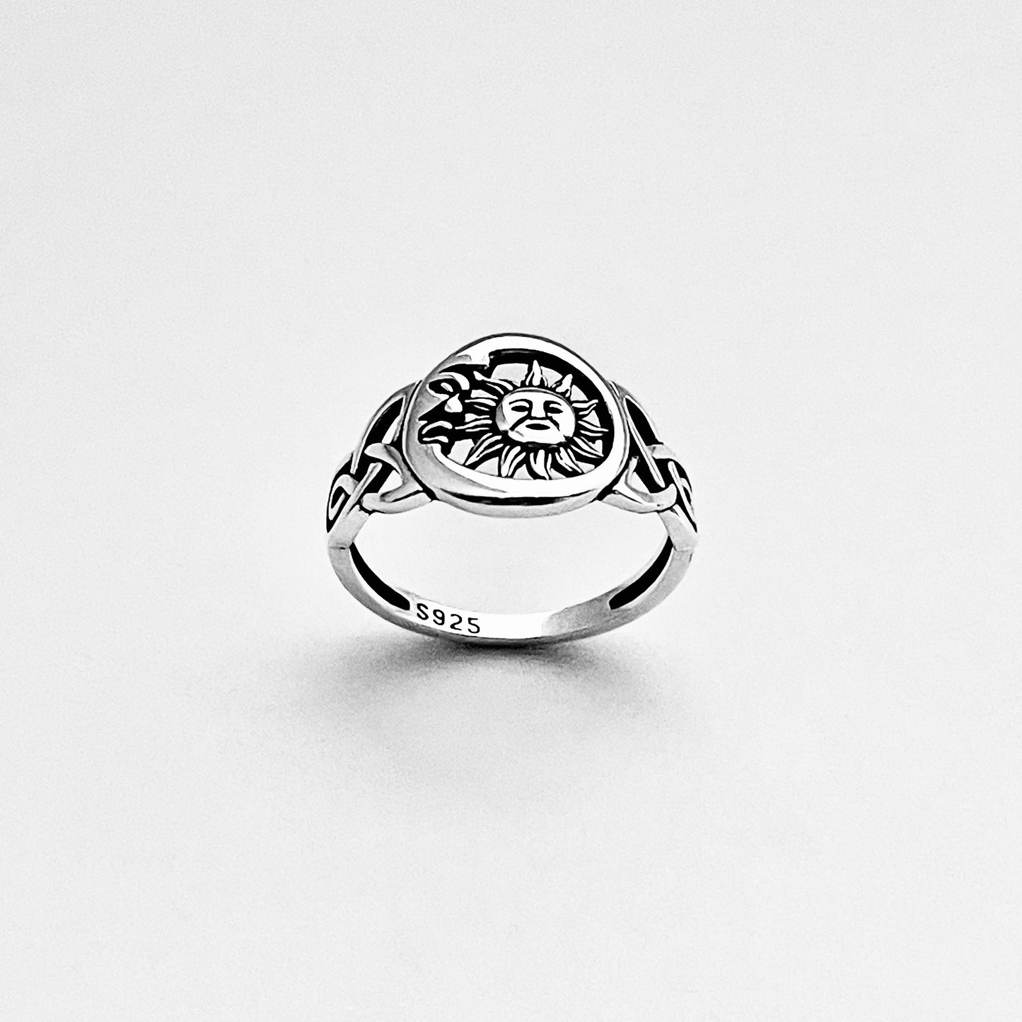 Sterling Silver Sun and Moon Face Ring – Celtic Triquetra Celestial Silver Rings