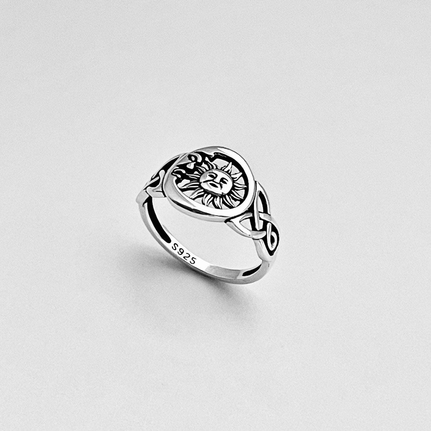 Sterling Silver Face Moon and Sun Ring with Celtic, Celestial Silver Rings, Triquetra Ring