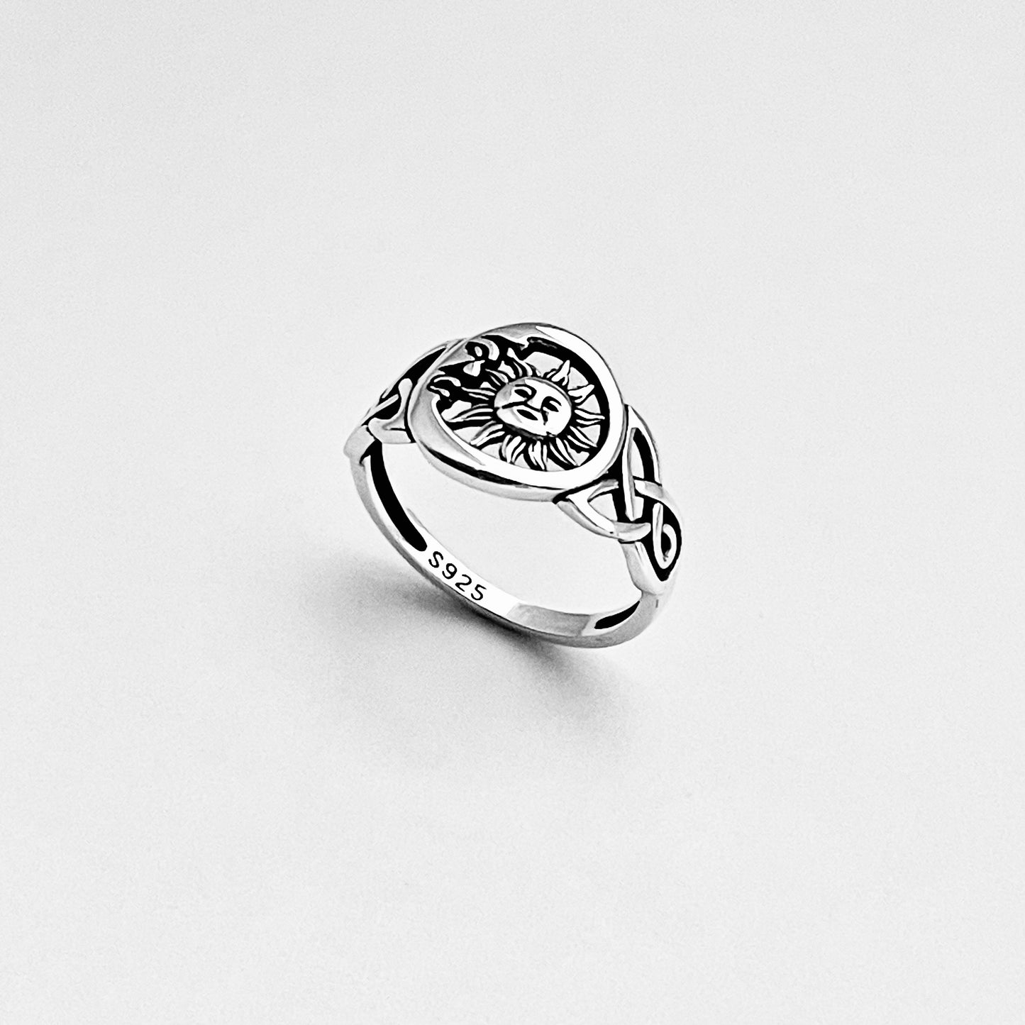 Sterling Silver Sun and Moon Face Ring – Celtic Triquetra Celestial Silver Rings