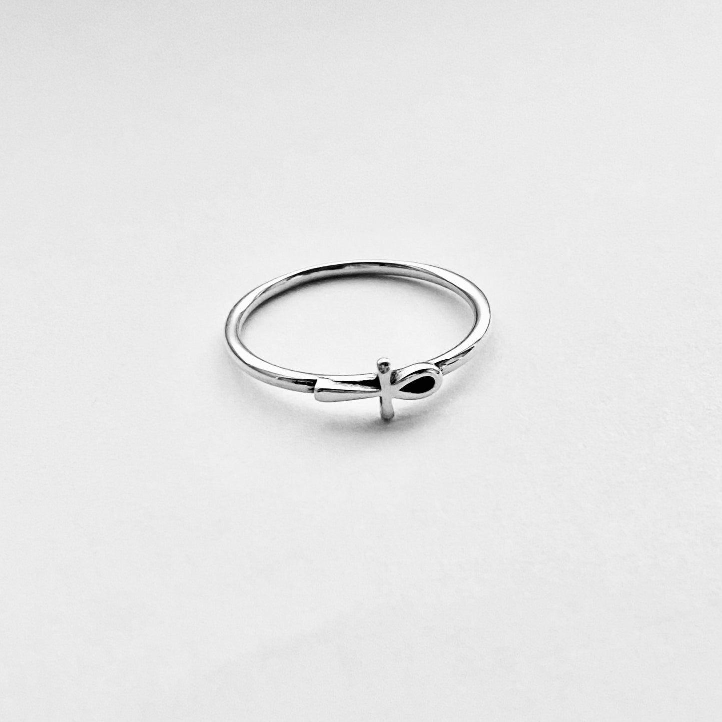 Sterling Silver Dainty Little Sideways Ankh Ring – Key of Life Minimalist Cross Silver Ring