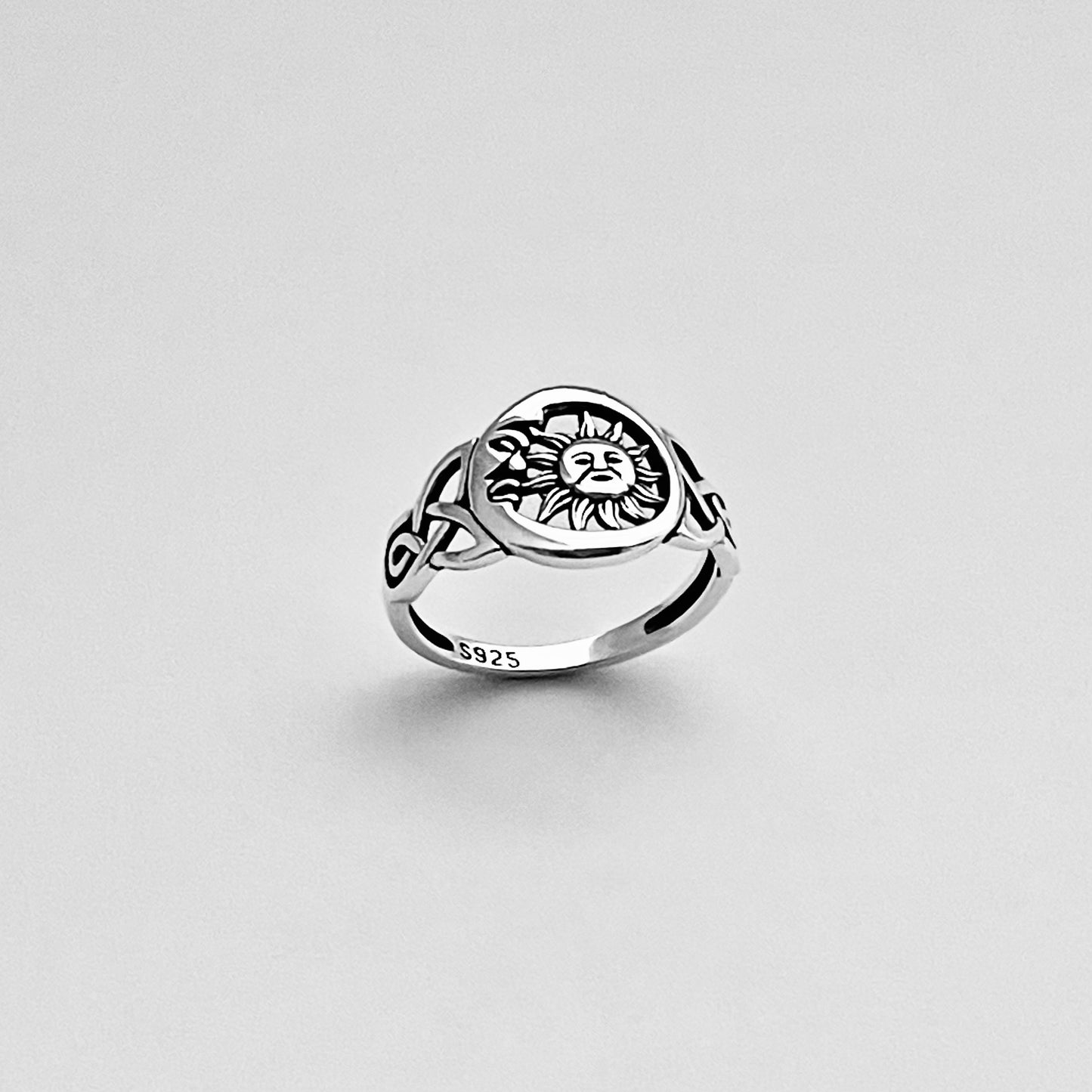 Sterling Silver Face Moon and Sun Ring with Celtic, Celestial Silver Rings, Triquetra Ring