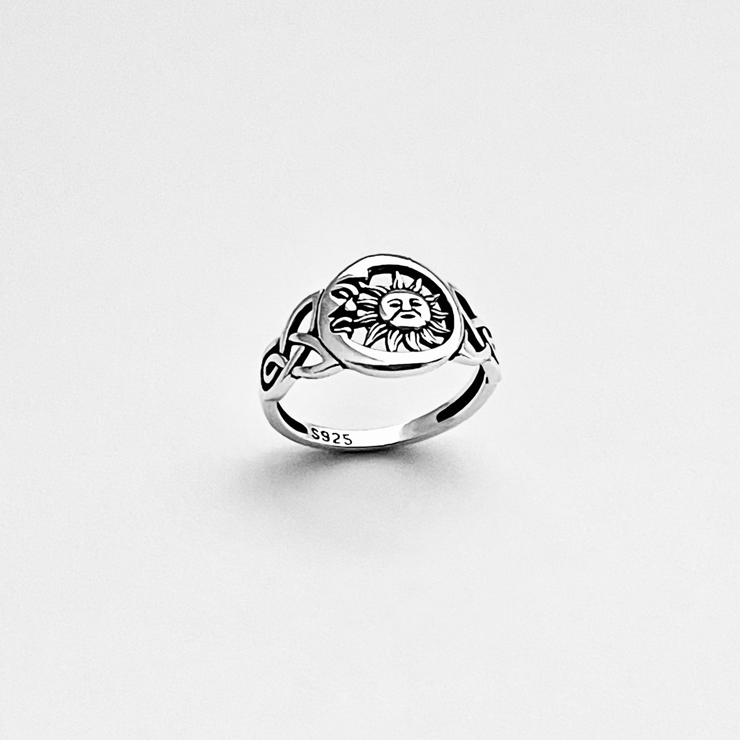Sterling Silver Sun and Moon Face Ring – Celtic Triquetra Celestial Silver Rings