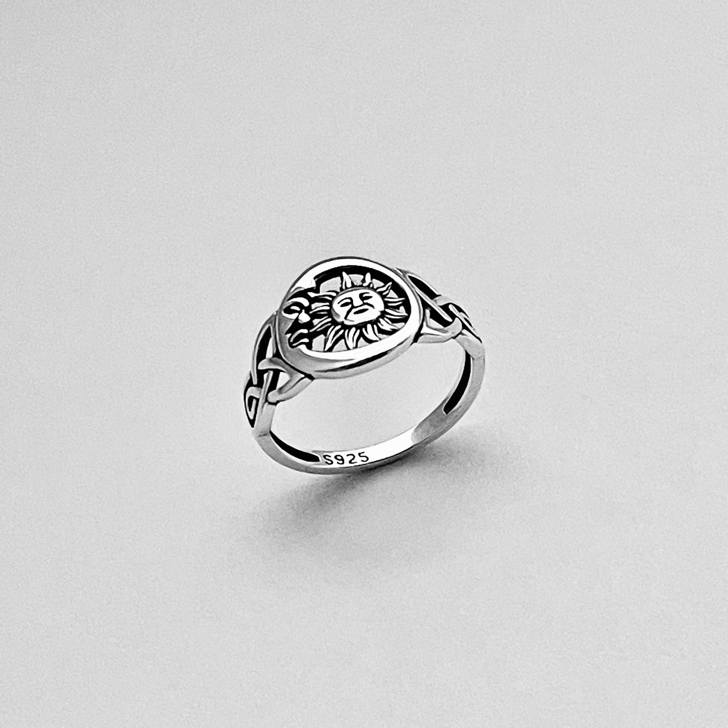 Sterling Silver Face Moon and Sun Ring with Celtic, Celestial Silver Rings, Triquetra Ring