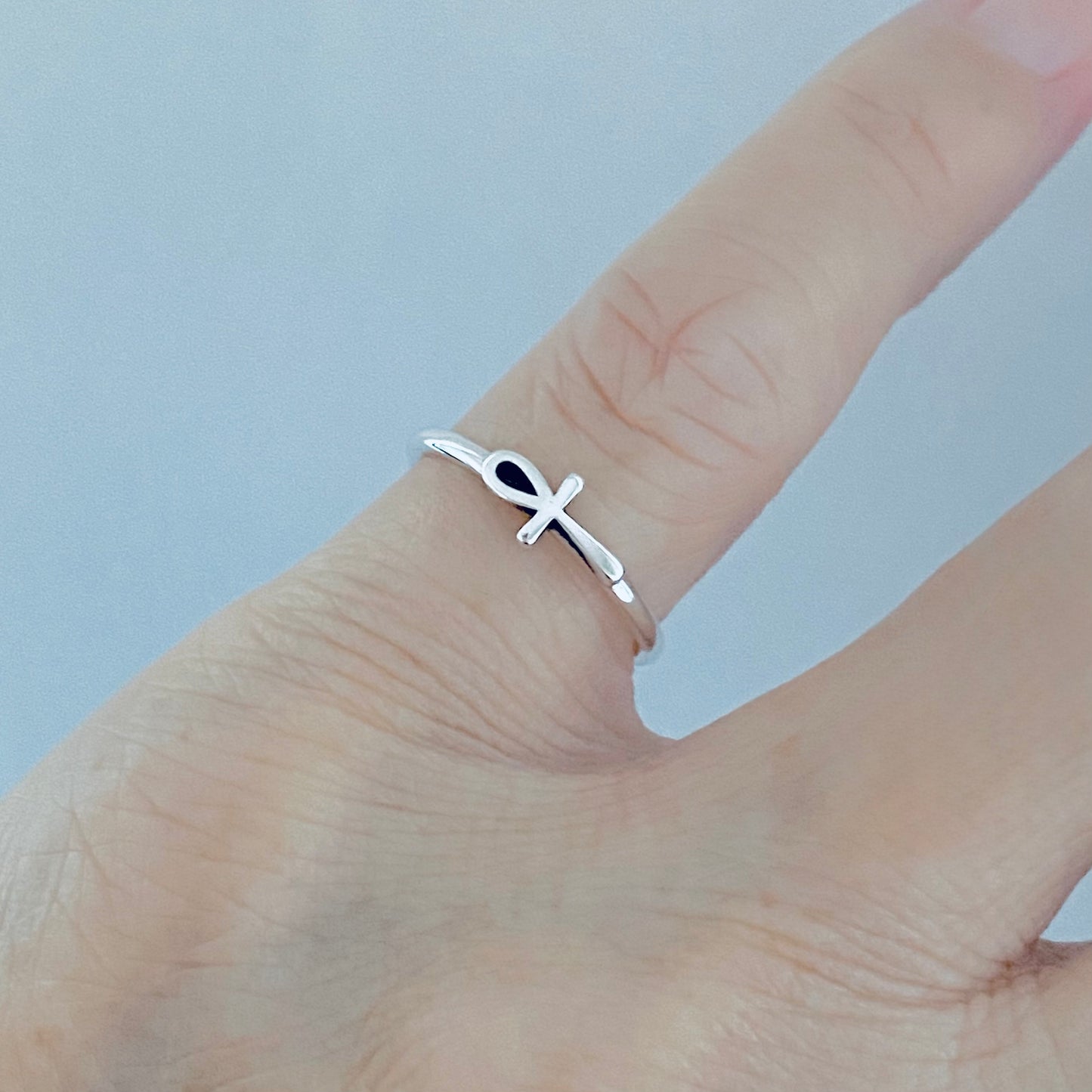 Sterling Silver Dainty Little Sideways Ankh Ring – Key of Life Minimalist Cross Silver Ring