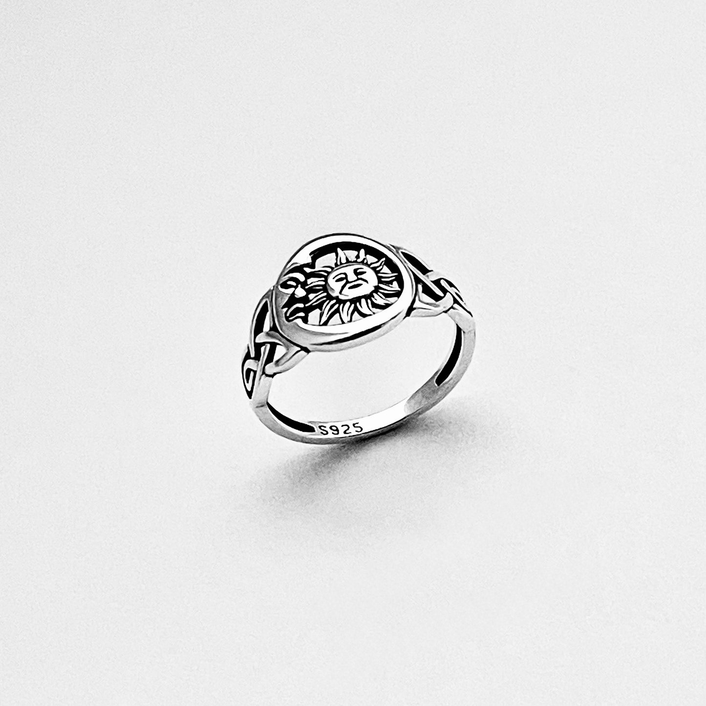 Sterling Silver Sun and Moon Face Ring – Celtic Triquetra Celestial Silver Rings