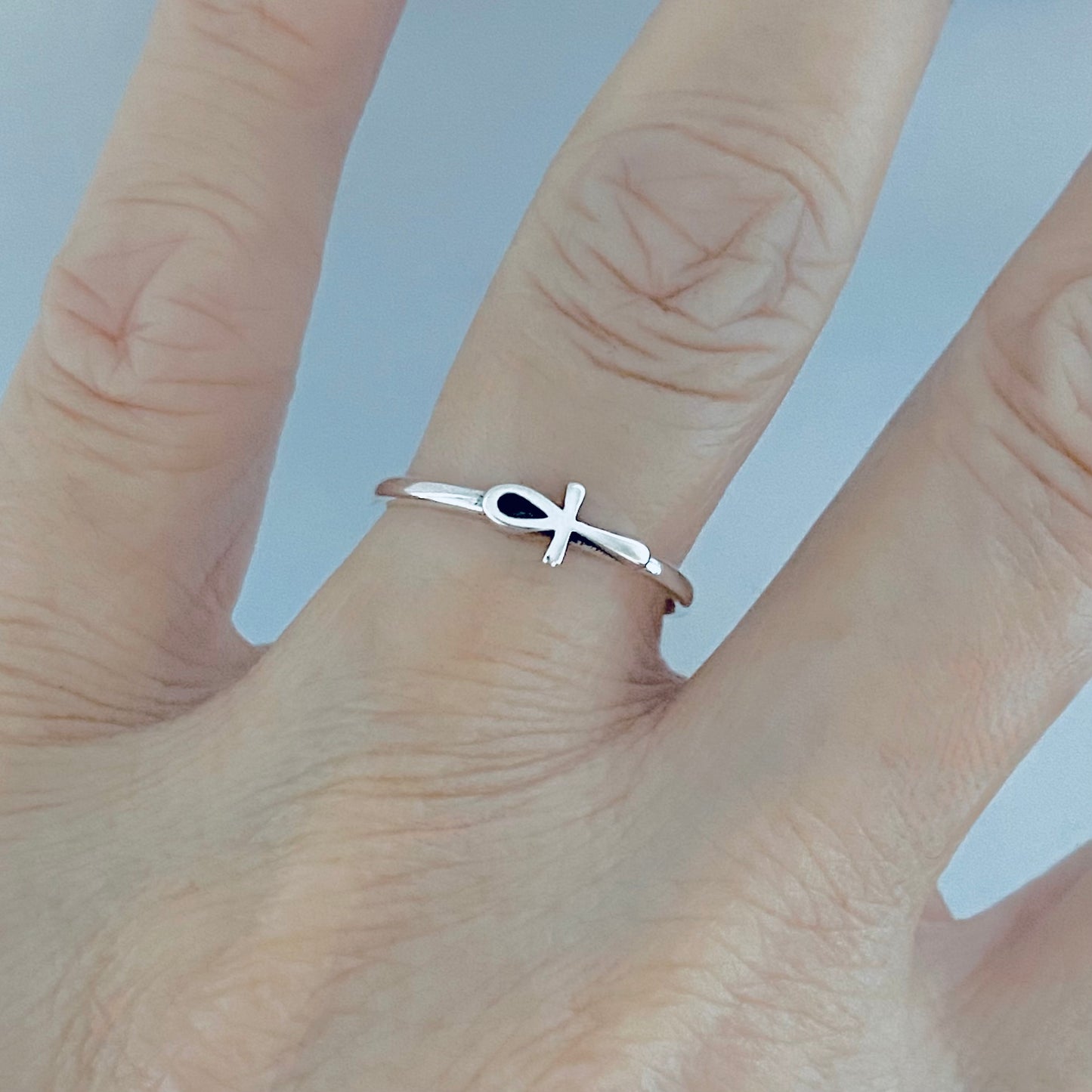 Sterling Silver Dainty Little Sideways Ankh Ring – Key of Life Minimalist Cross Silver Ring