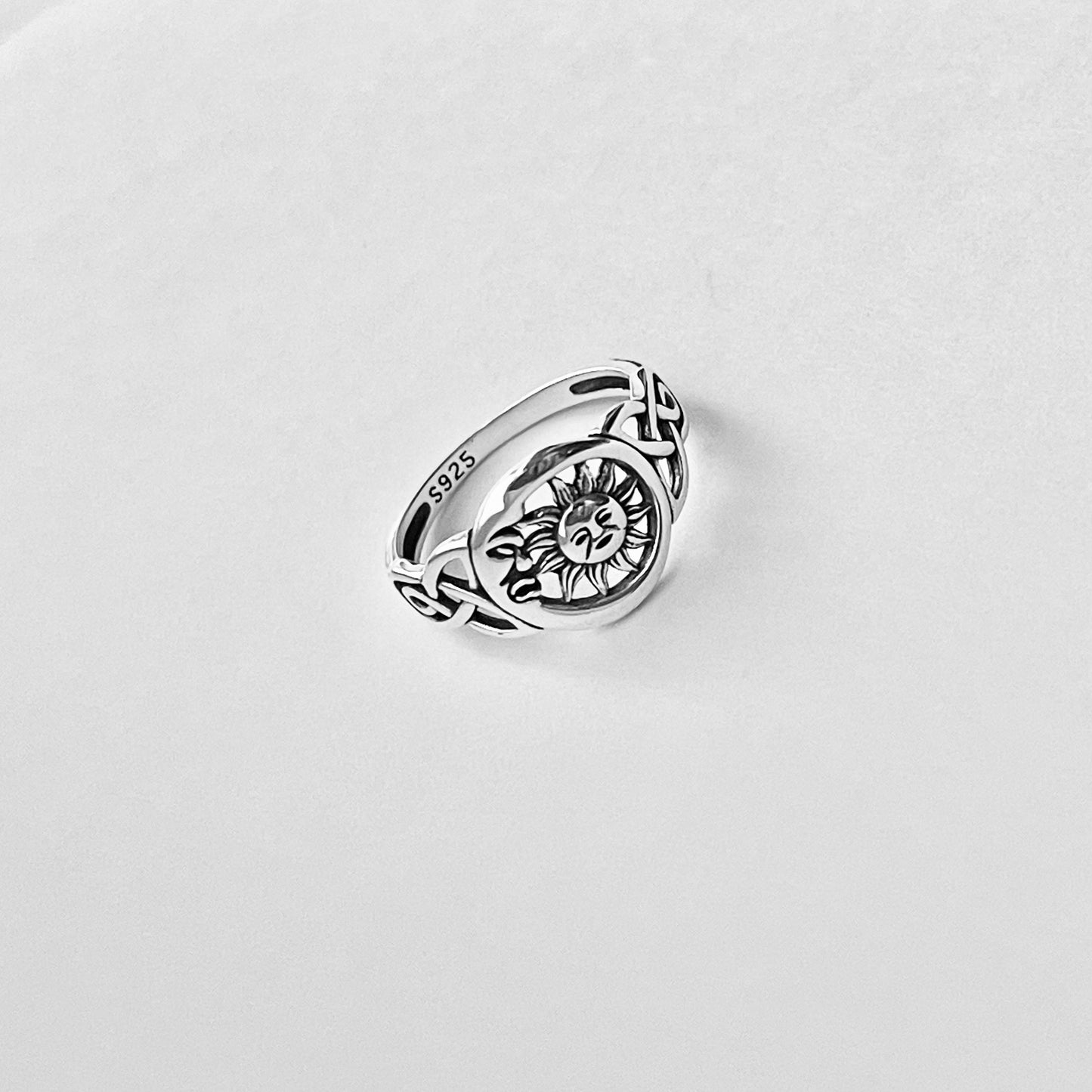 Sterling Silver Face Moon and Sun Ring with Celtic, Celestial Silver Rings, Triquetra Ring