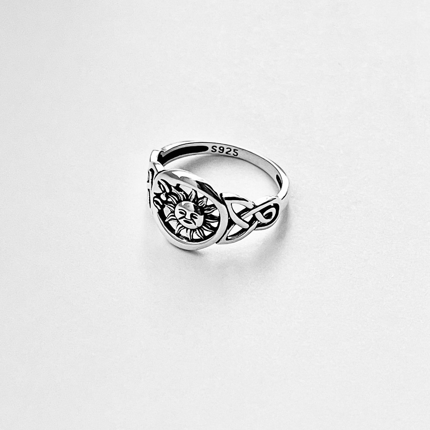 Sterling Silver Sun and Moon Face Ring – Celtic Triquetra Celestial Silver Rings