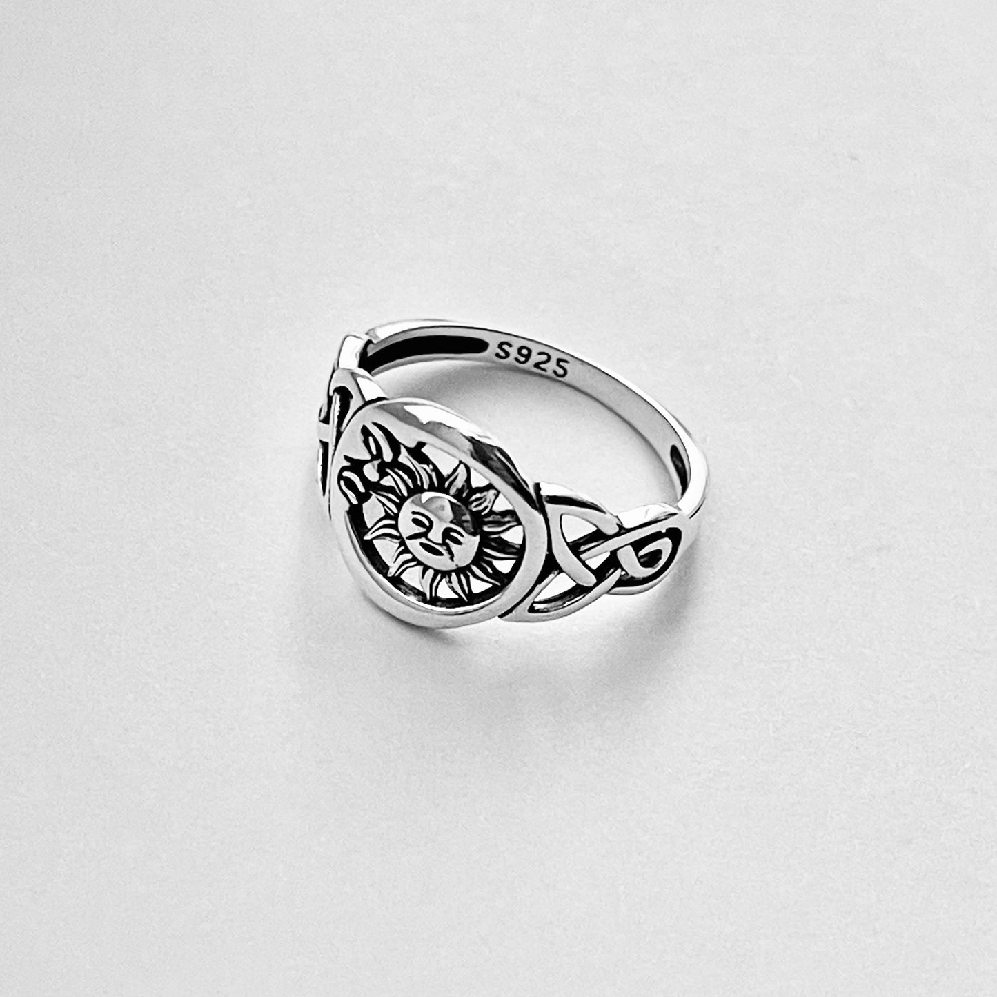 Sterling Silver Face Moon and Sun Ring with Celtic, Celestial Silver Rings, Triquetra Ring