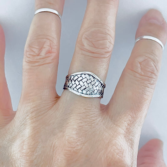 925 Sterling Silver Thin Weave Cuff Ring | Braided Woven Statement Silver Rings