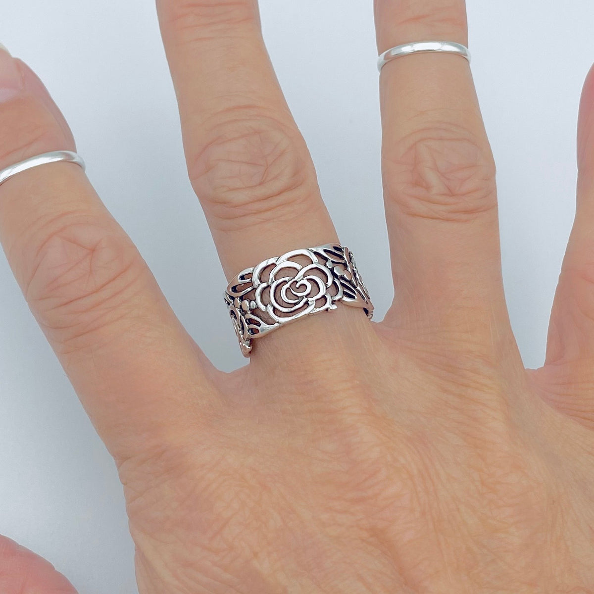 925 Sterling Silver Eternity Flower Band Ring | Statement Rose Floral Silver Rings