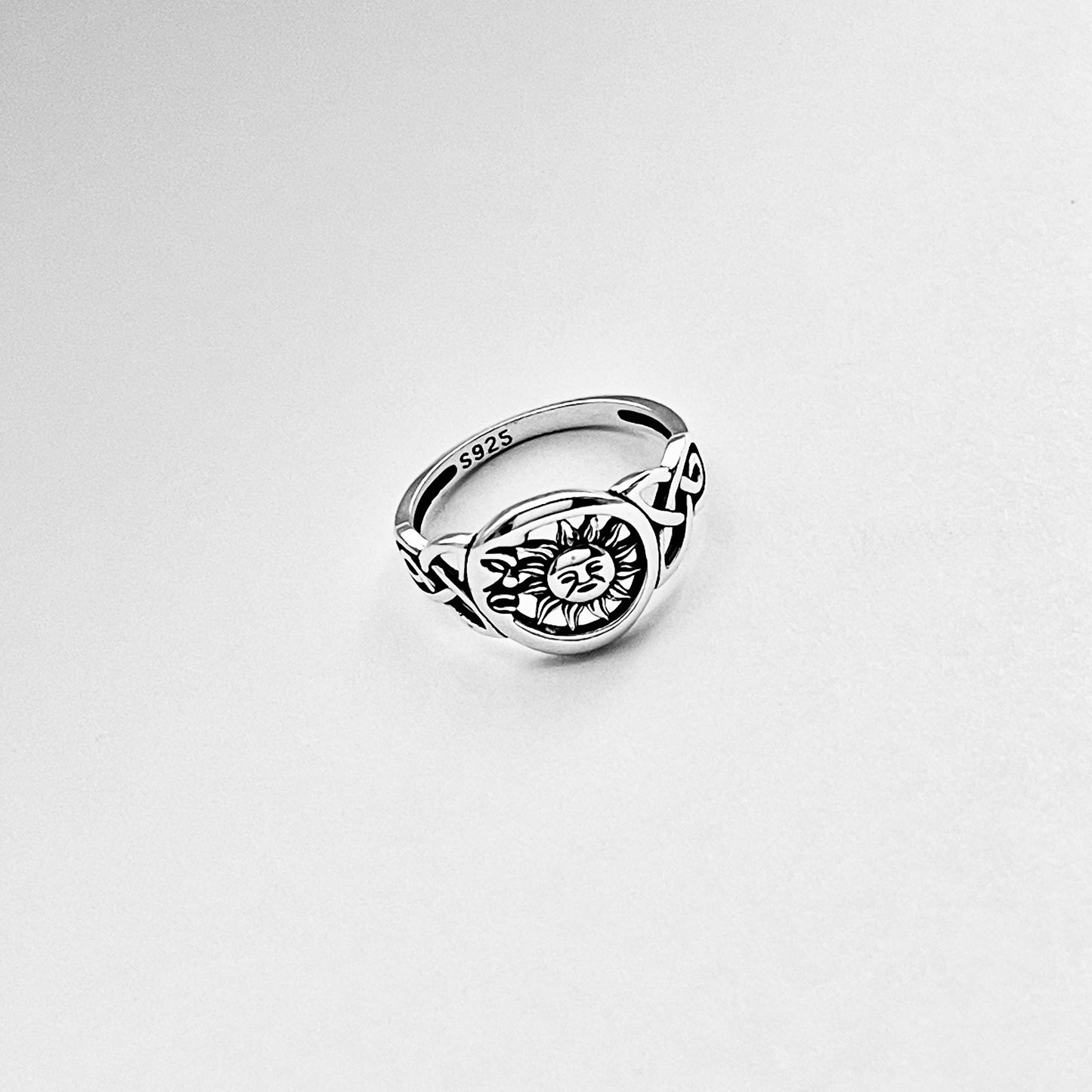 Sterling Silver Sun and Moon Face Ring – Celtic Triquetra Celestial Silver Rings
