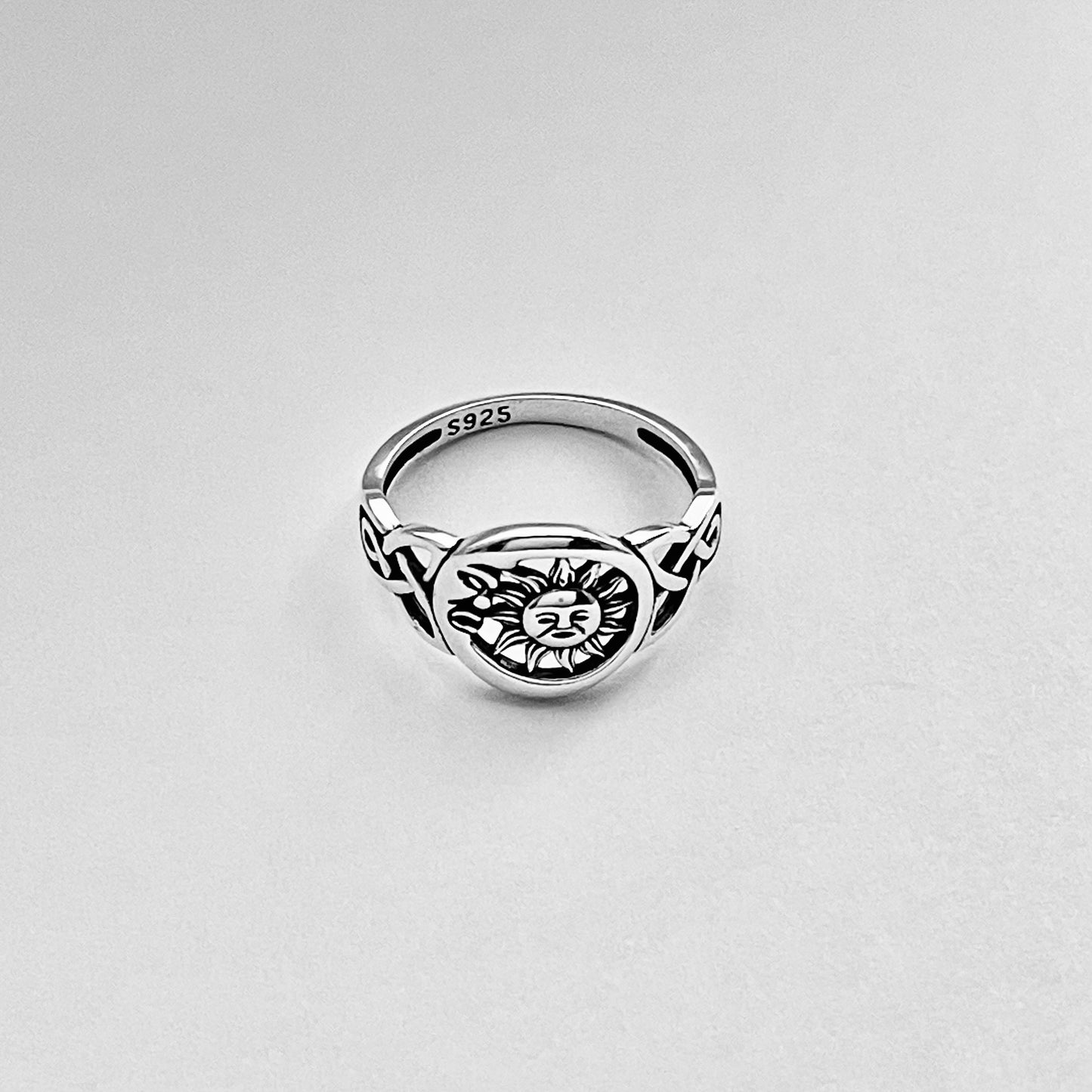 Sterling Silver Face Moon and Sun Ring with Celtic, Celestial Silver Rings, Triquetra Ring