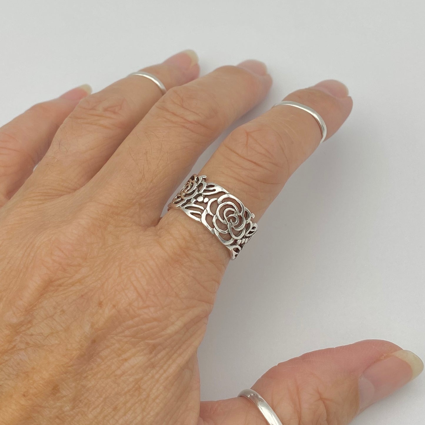 Statement Sterling Silver Eternity Flower Band Ring, Rose Silver Rings