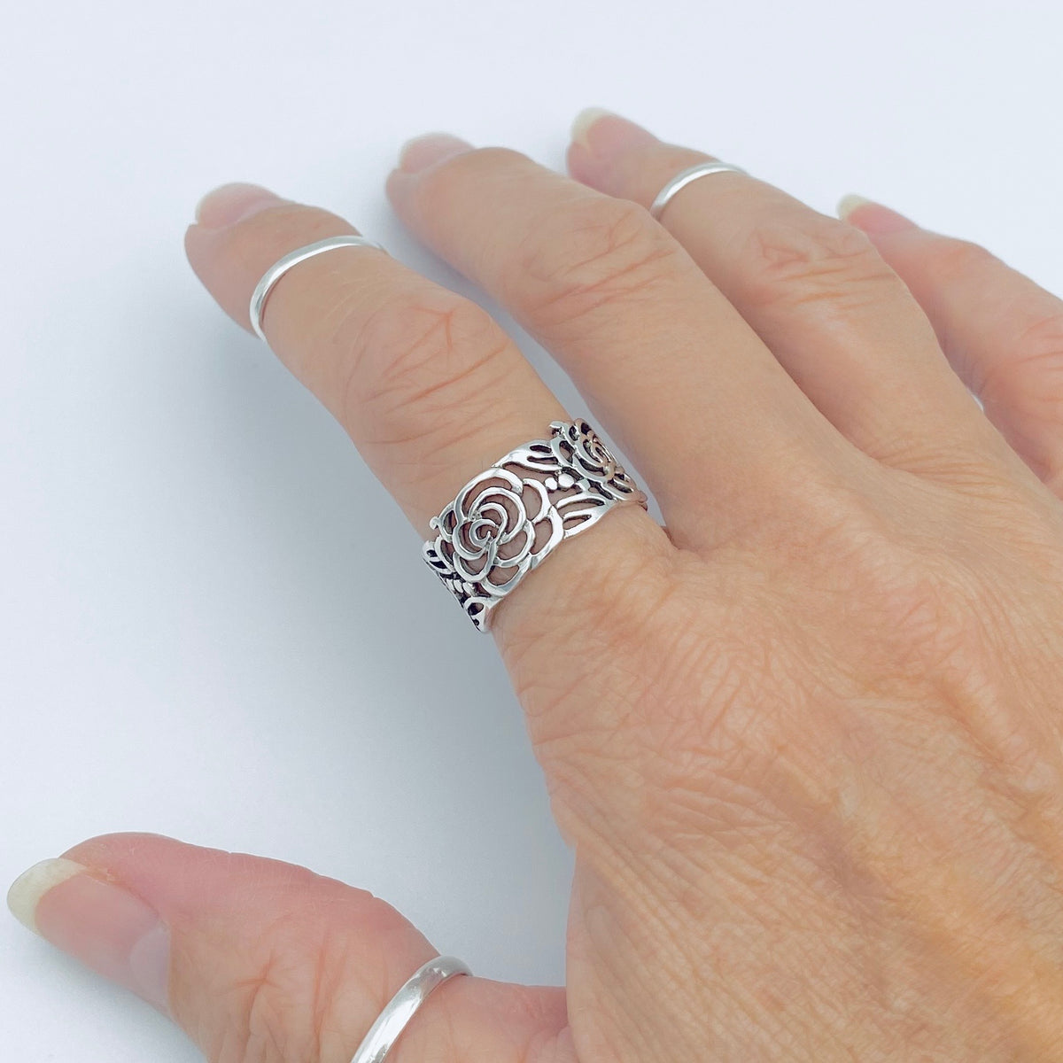 925 Sterling Silver Eternity Flower Band Ring | Statement Rose Floral Silver Rings