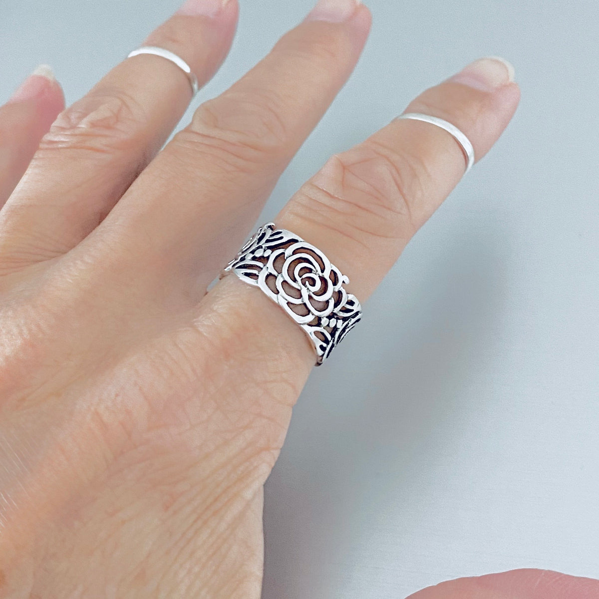 925 Sterling Silver Eternity Flower Band Ring | Statement Rose Floral Silver Rings