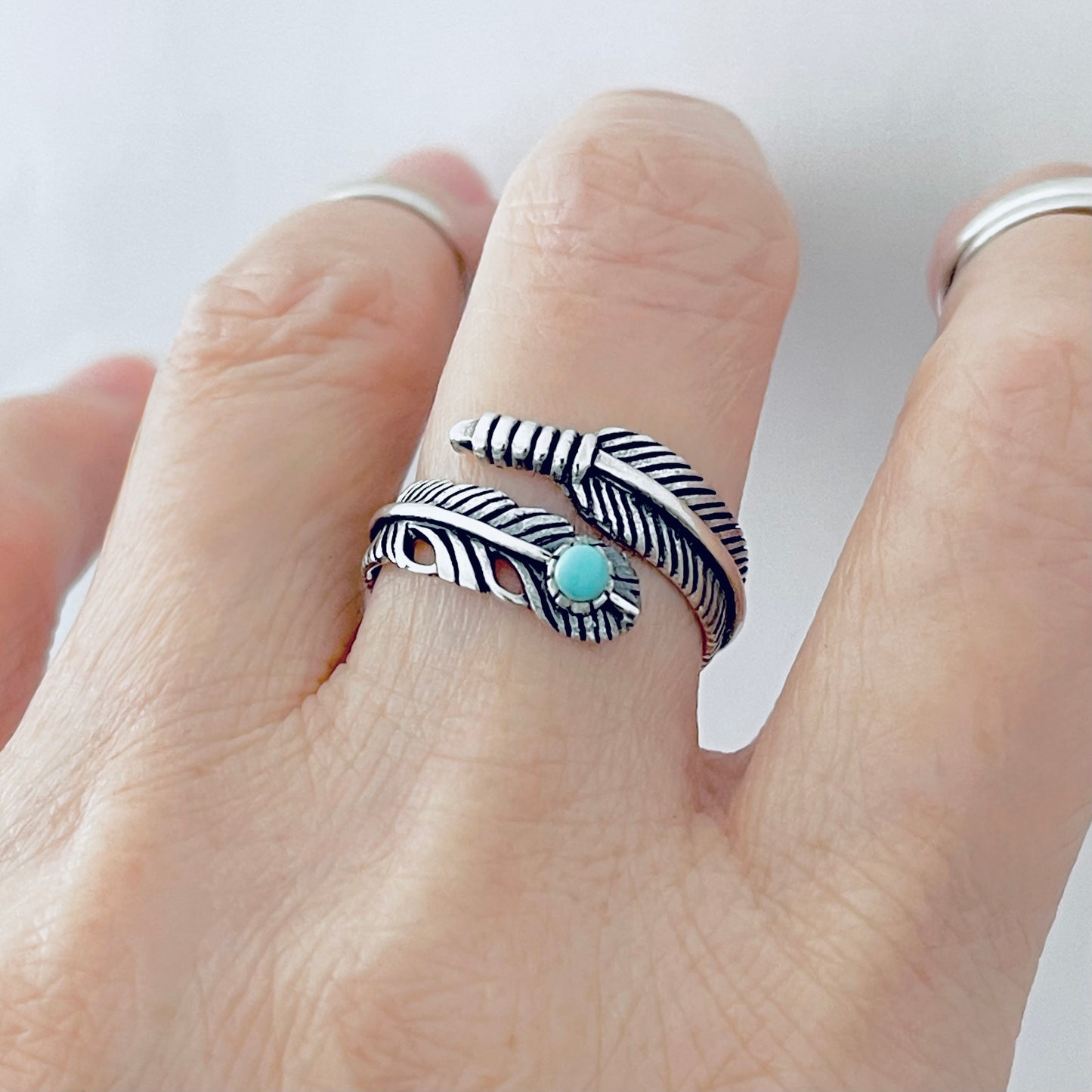 Sterling Silver Wraparound Feather Ring with Synthetic Turquoise Stone, Silver Rings