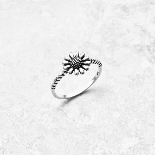 Sterling Silver Small Gerbera Daisy Ring – Dainty Sunflower Floral Silver Rings