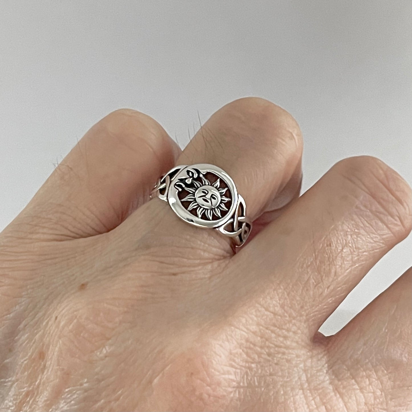 Sterling Silver Face Moon and Sun Ring with Celtic, Celestial Silver Rings, Triquetra Ring