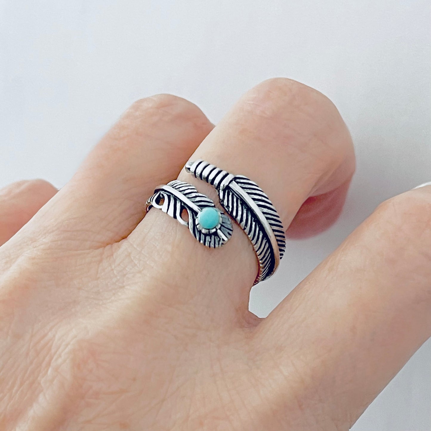 Sterling Silver Wraparound Feather Ring with Synthetic Turquoise Stone, Silver Rings