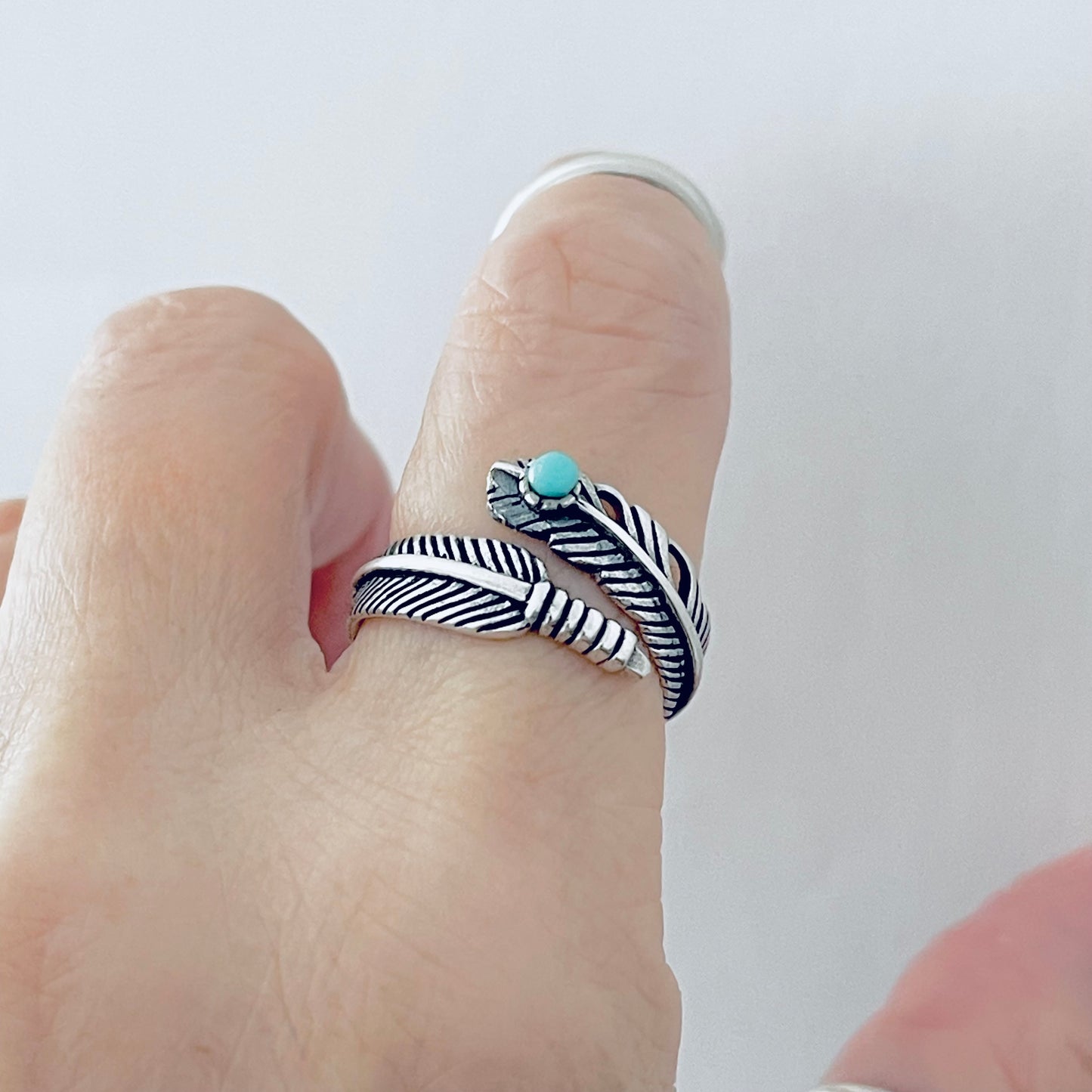Sterling Silver Wraparound Feather Ring with Synthetic Turquoise Stone, Silver Rings