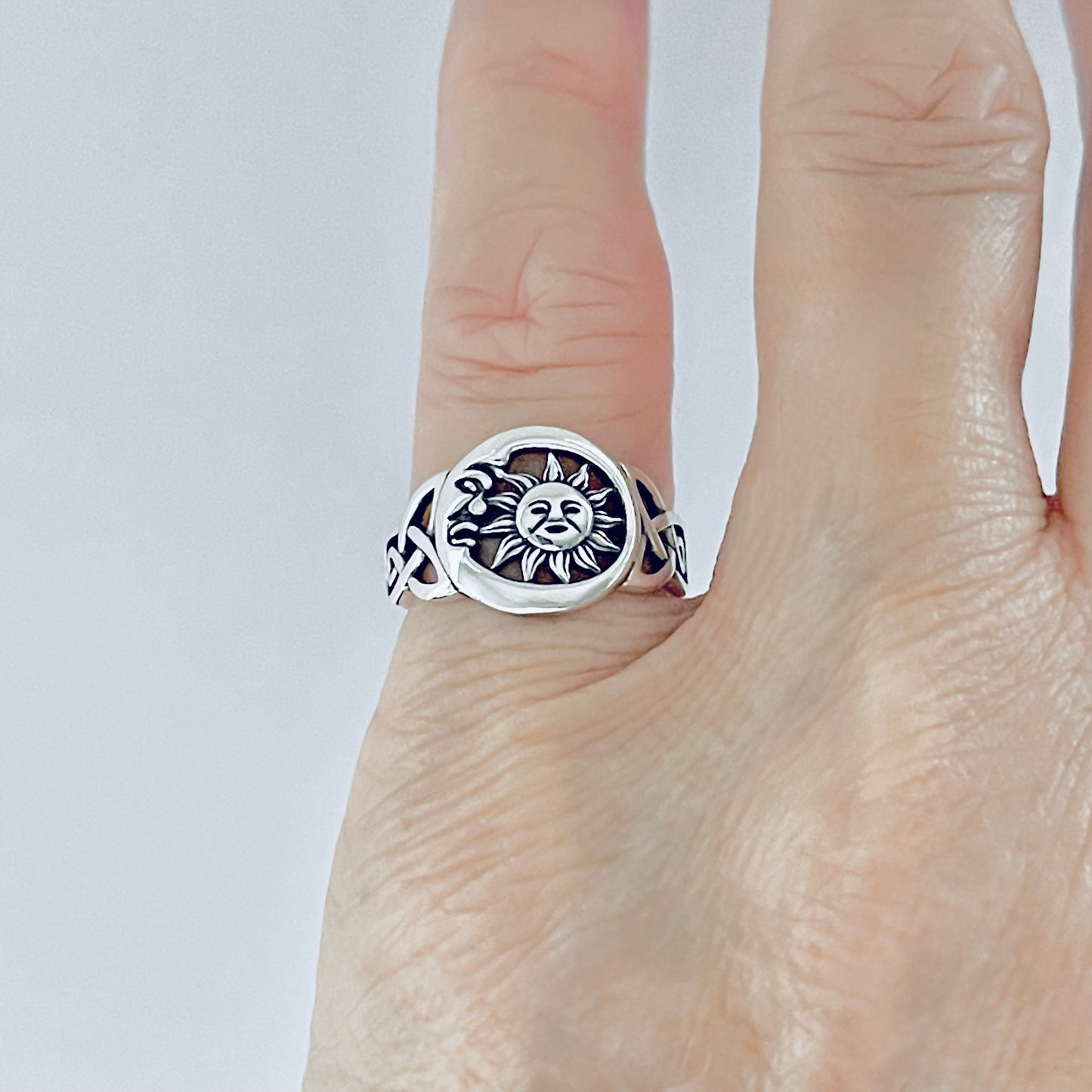 Sterling Silver Sun and Moon Face Ring – Celtic Triquetra Celestial Silver Rings