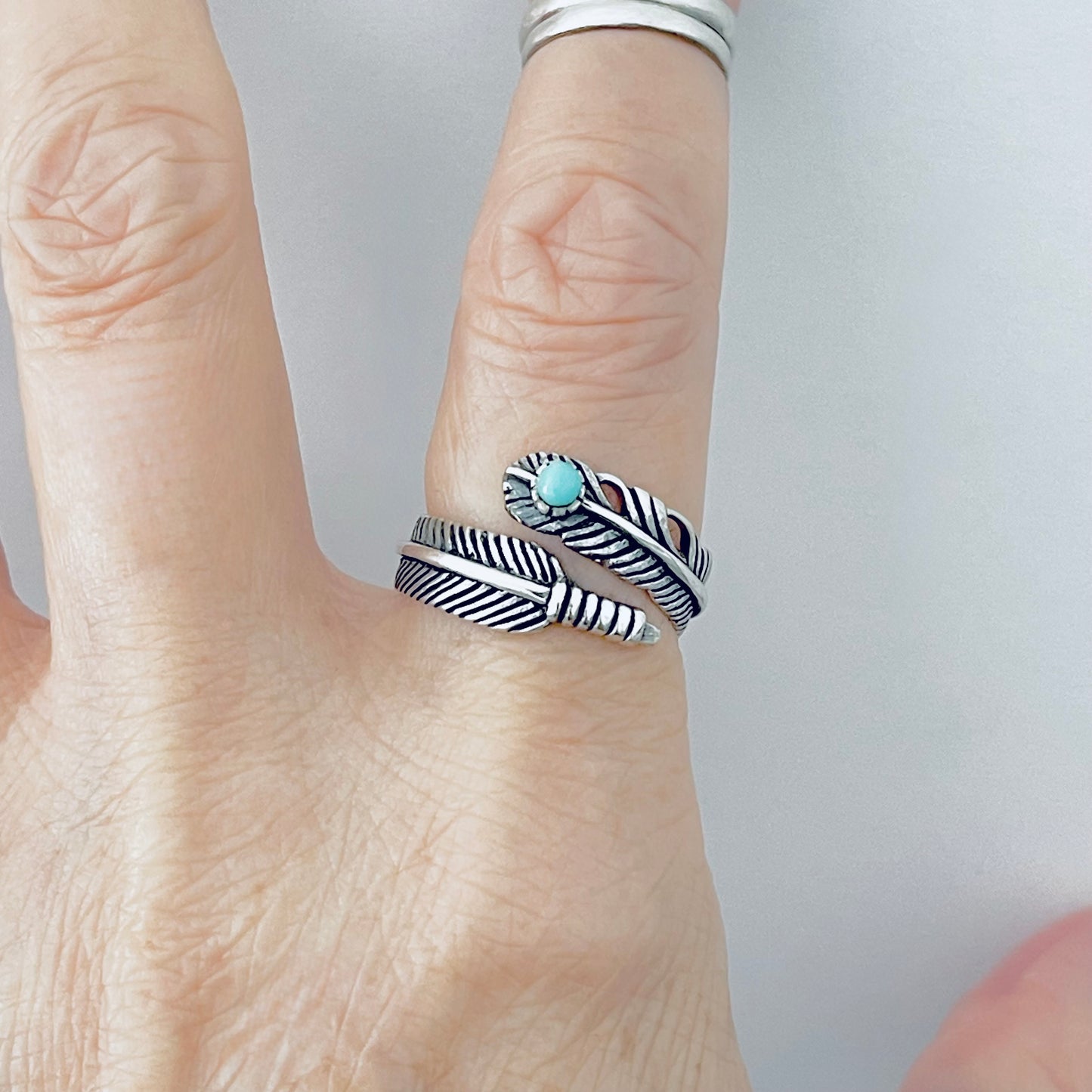 Sterling Silver Wraparound Feather Ring with Synthetic Turquoise Stone, Silver Rings