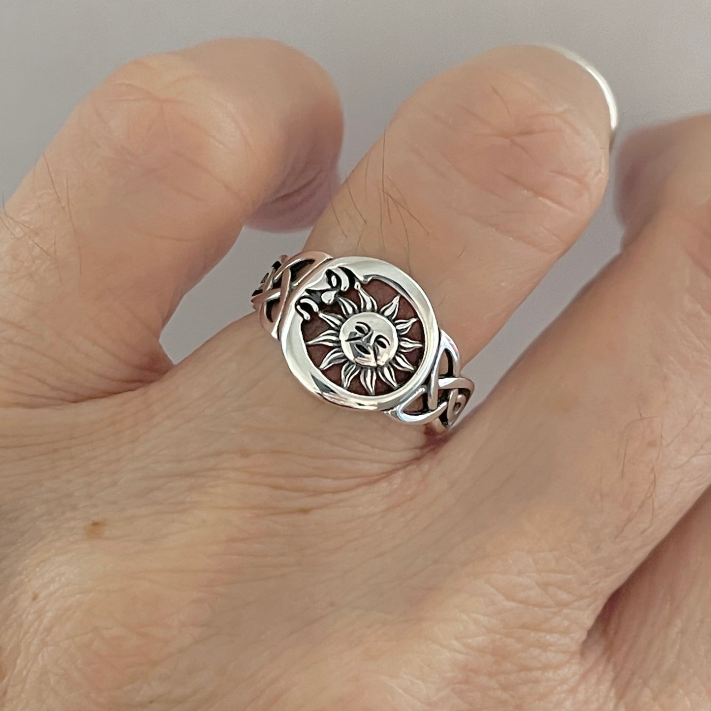 Sterling Silver Face Moon and Sun Ring with Celtic, Celestial Silver Rings, Triquetra Ring