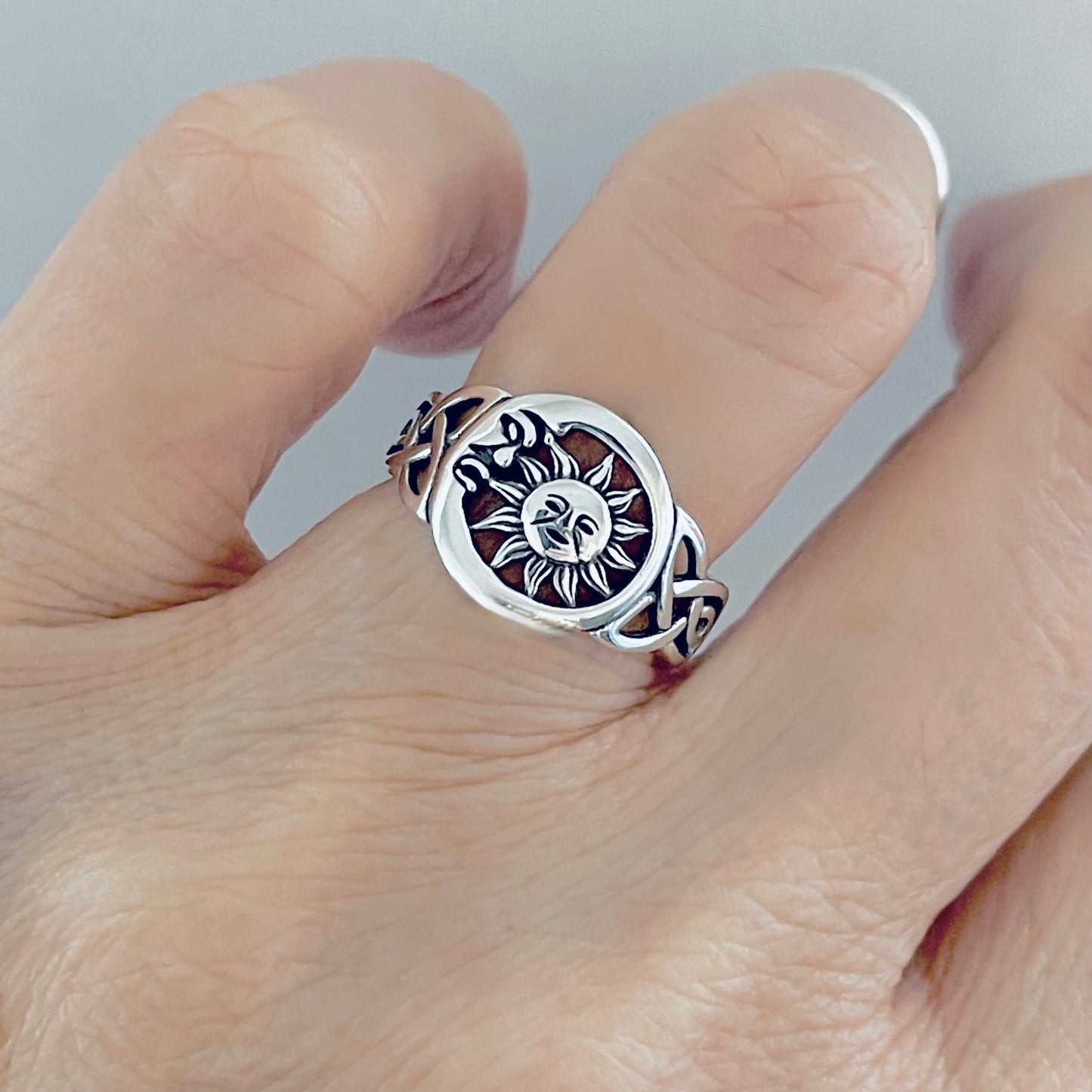 Sterling Silver Sun and Moon Face Ring – Celtic Triquetra Celestial Silver Rings