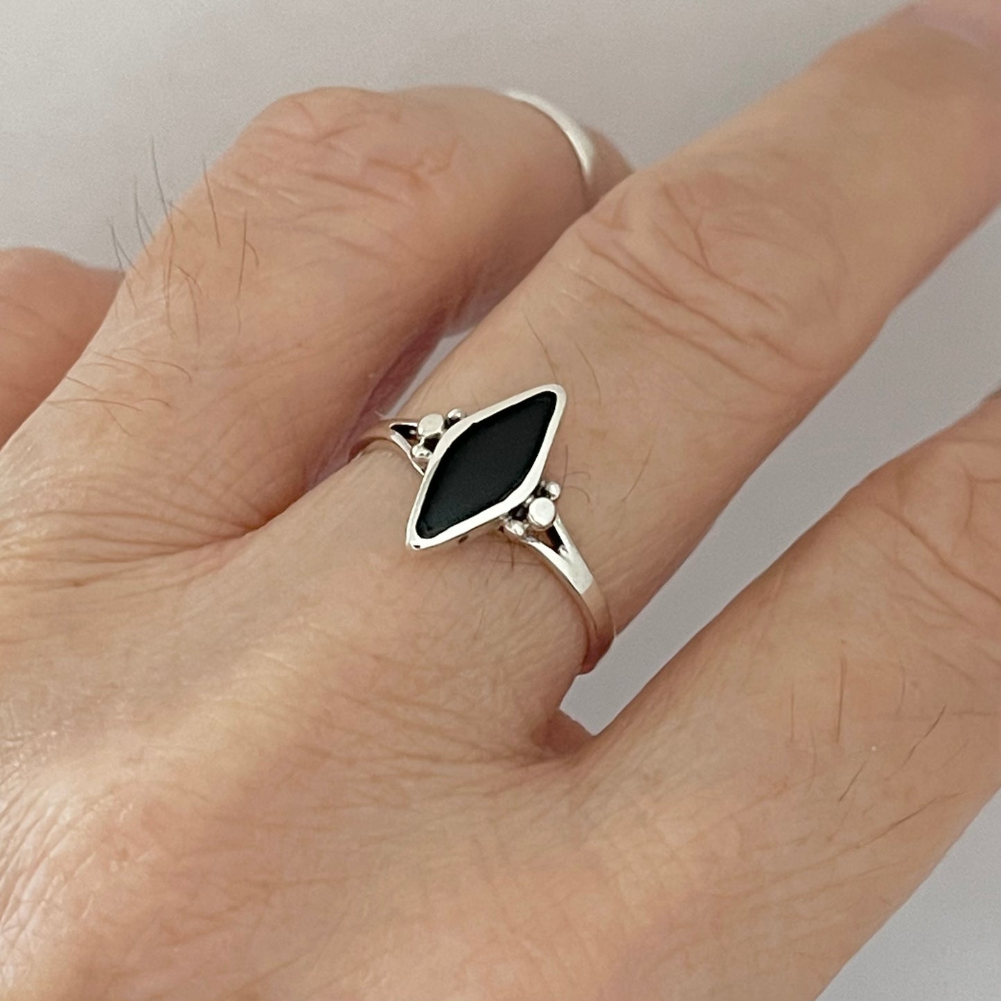 Sterling Silver Minimalist Diamond Shape Black Onyx Ring, Silver Stone Rings