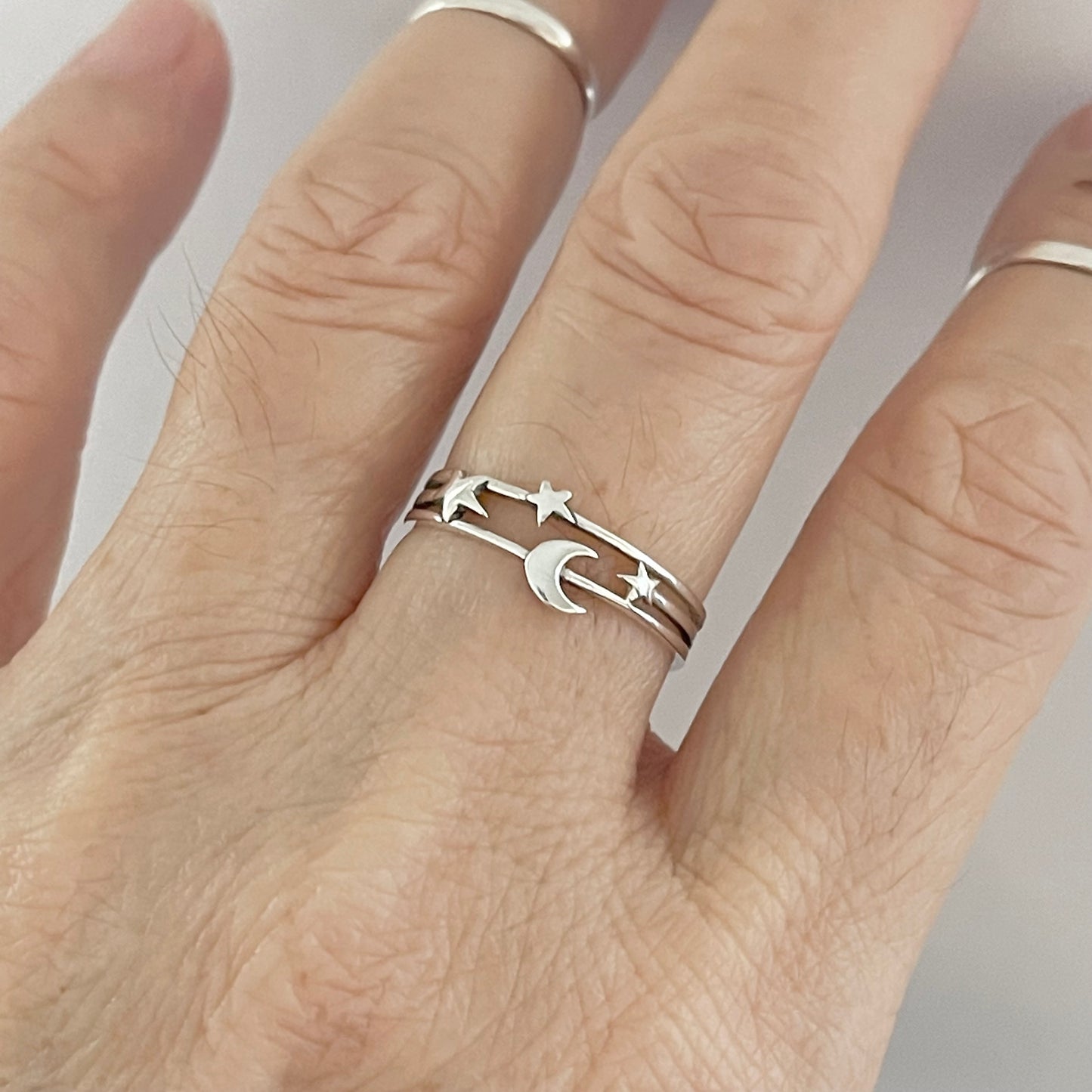 Sterling Silver Delicate Moon and Stars Ring, Minimalist Ring, Celestial Silver Rings