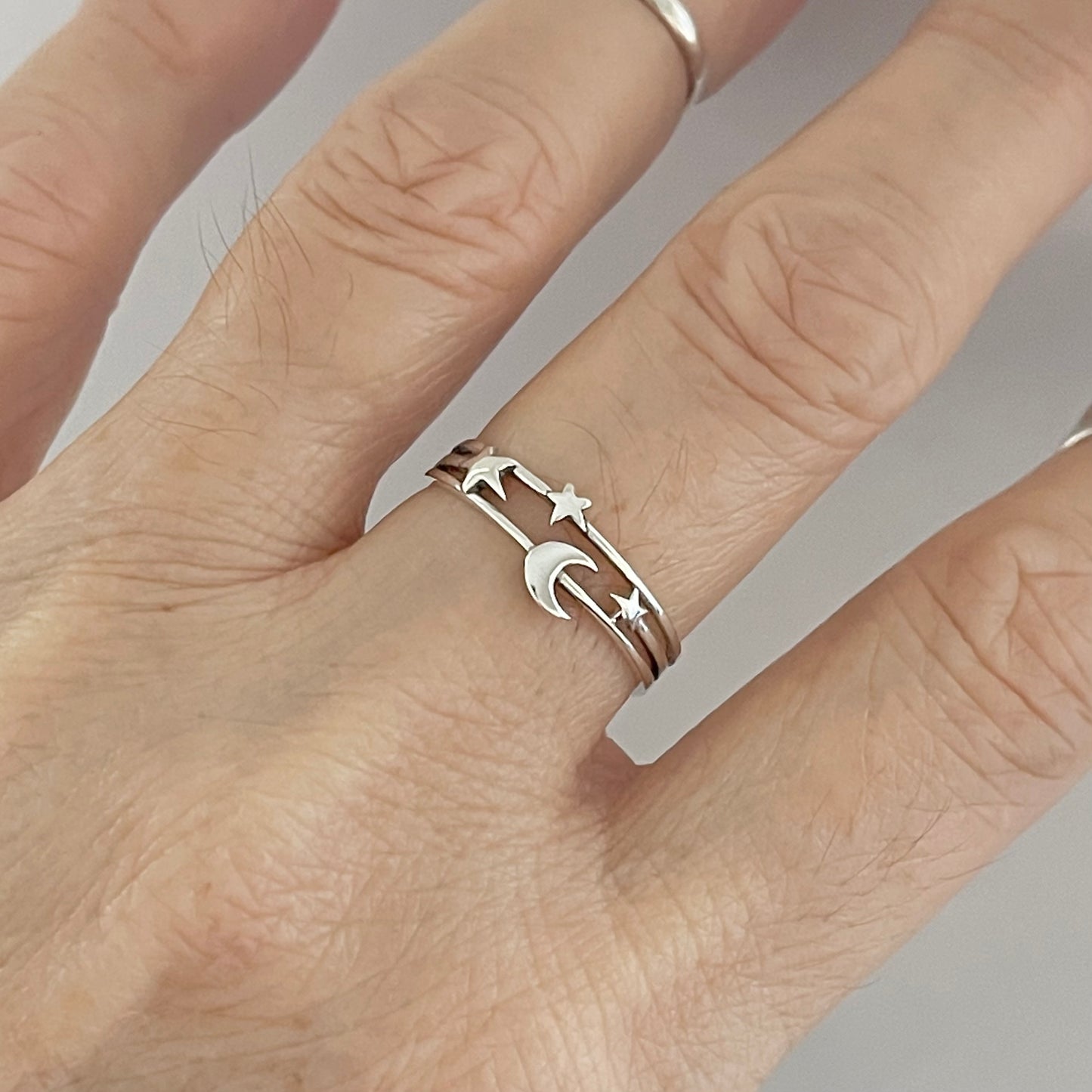 Sterling Silver Delicate Moon and Stars Ring, Minimalist Ring, Celestial Silver Rings