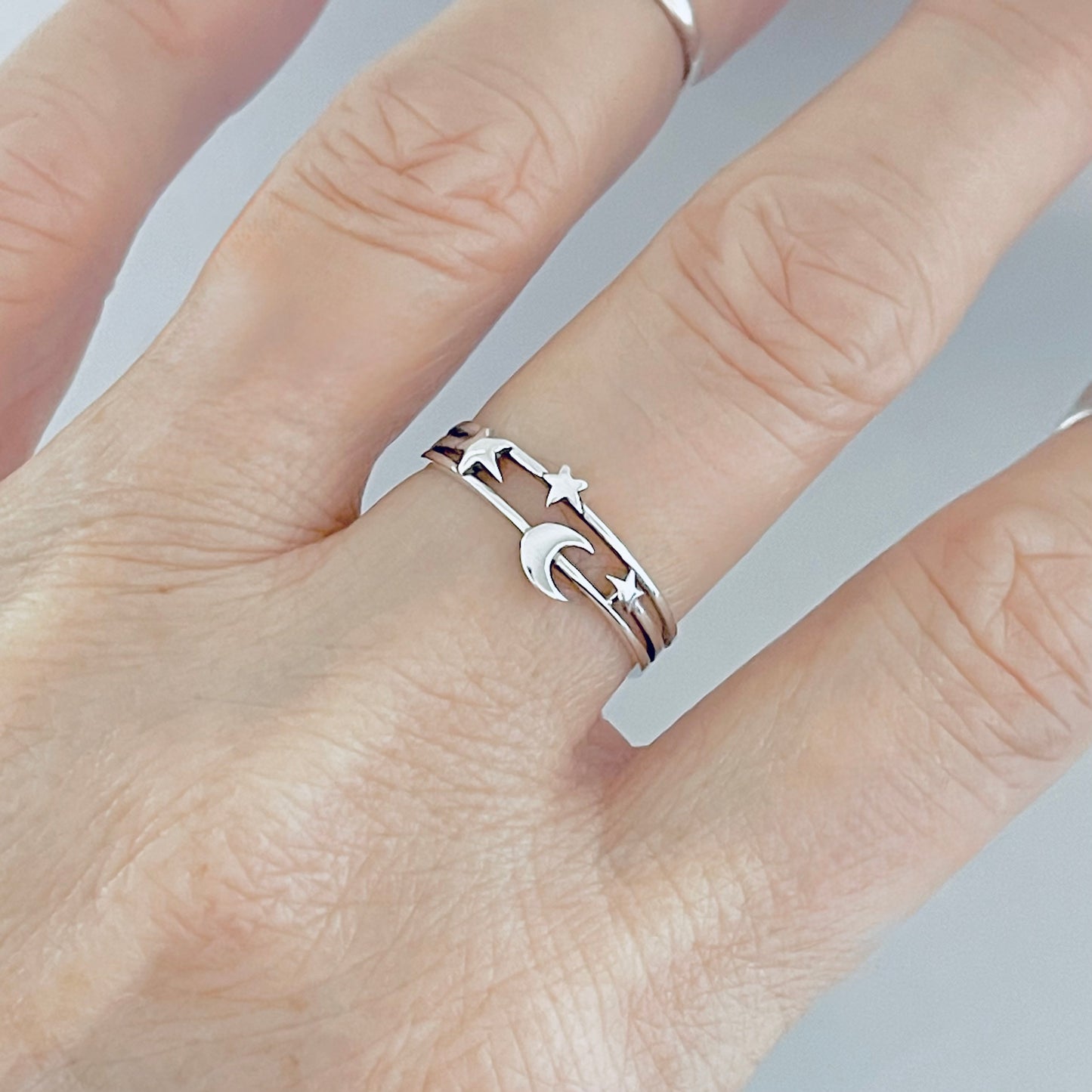 925 Sterling Silver Delicate Moon and Stars Ring | Celestial Minimalist Silver Rings