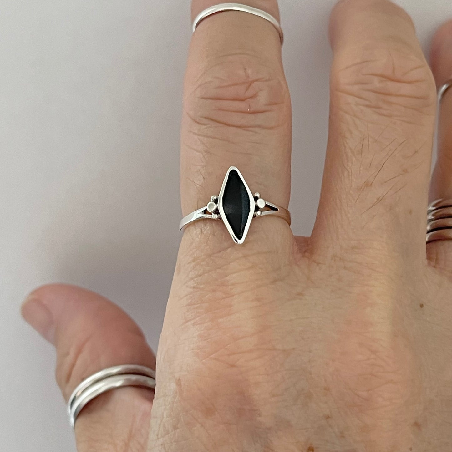 Sterling Silver Minimalist Diamond Shape Black Onyx Ring, Silver Stone Rings