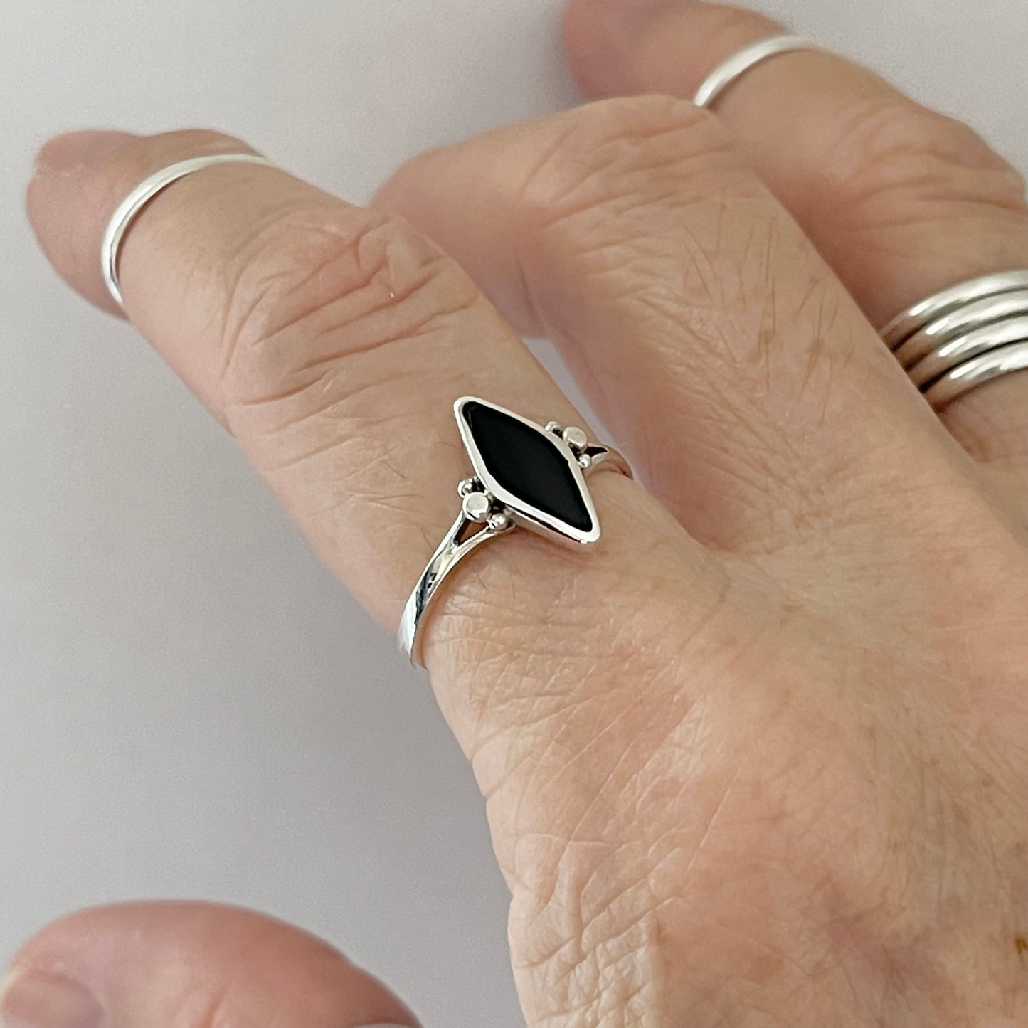 Sterling Silver Minimalist Diamond Shape Black Onyx Ring, Silver Stone Rings